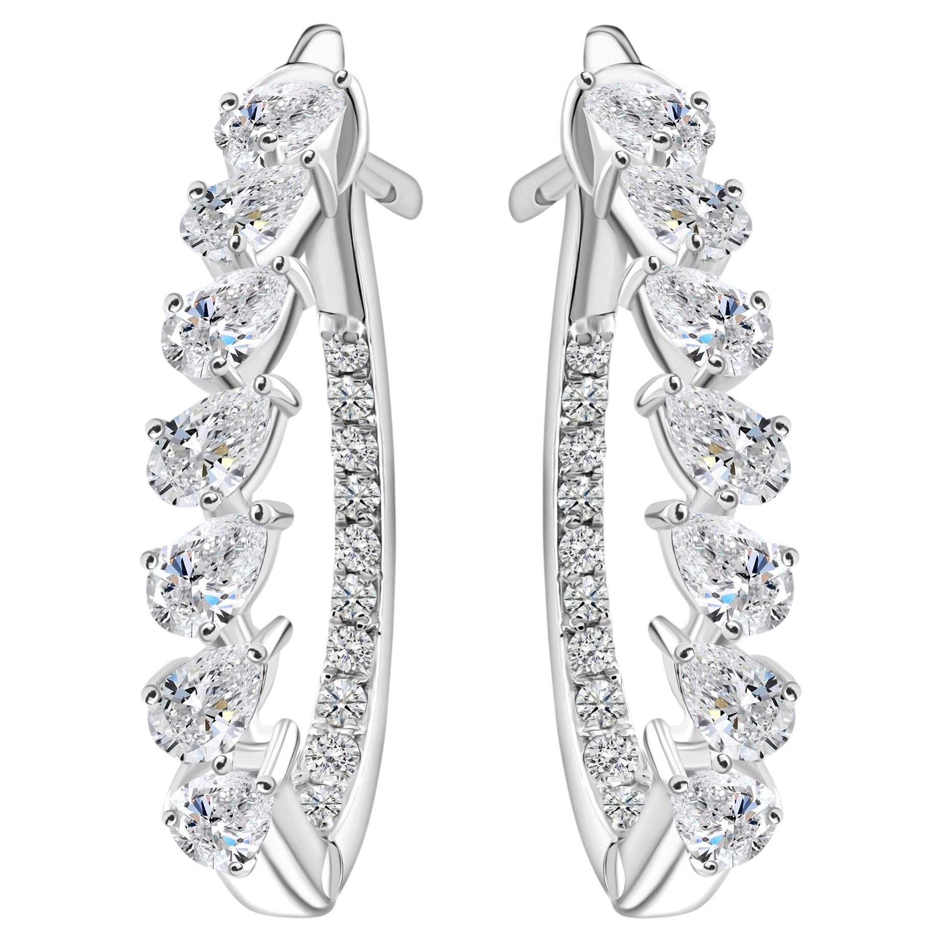 1.29 Carats Pear Shape Diamond Hoop Earrings in 18K White Gold Handmade Jewelry