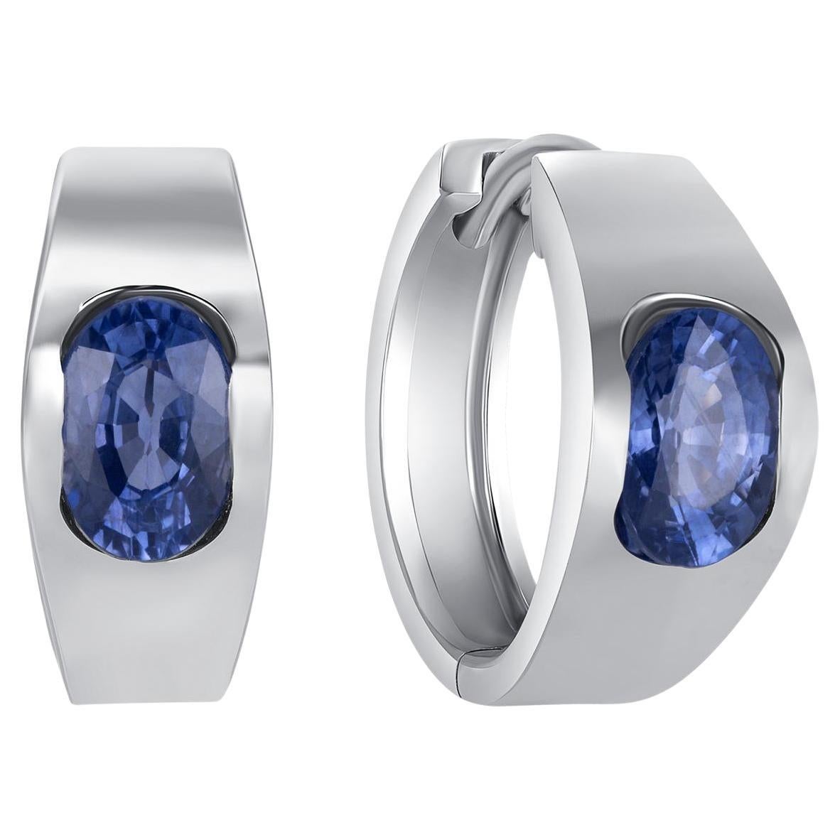 1.29 CT Natural Sapphire 14K White Gold Hoop Earrings