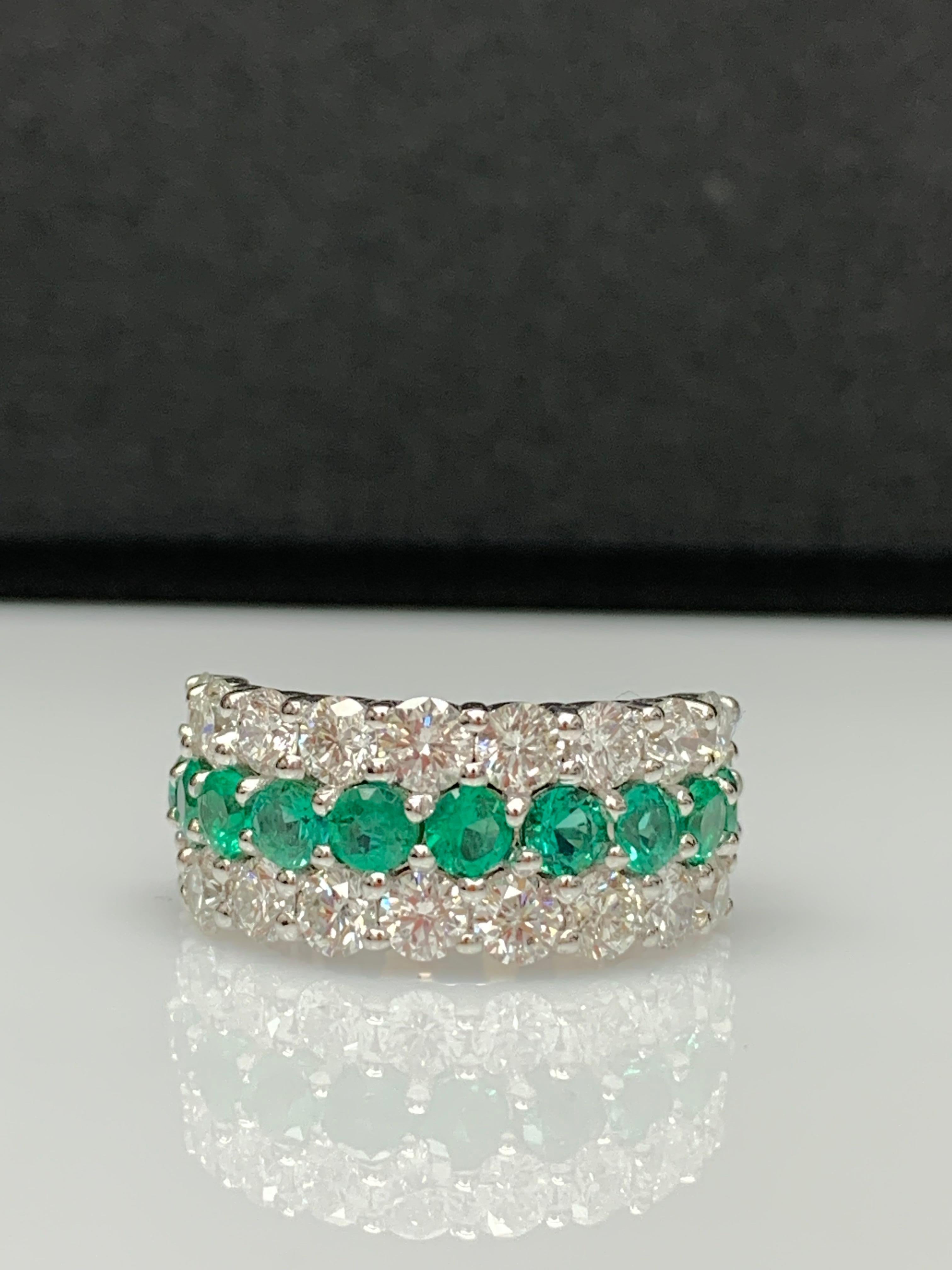 1.29 Ct Round Shape Emerald and Diamond Three Row Band Ring in 14K White Gold For Sale 3