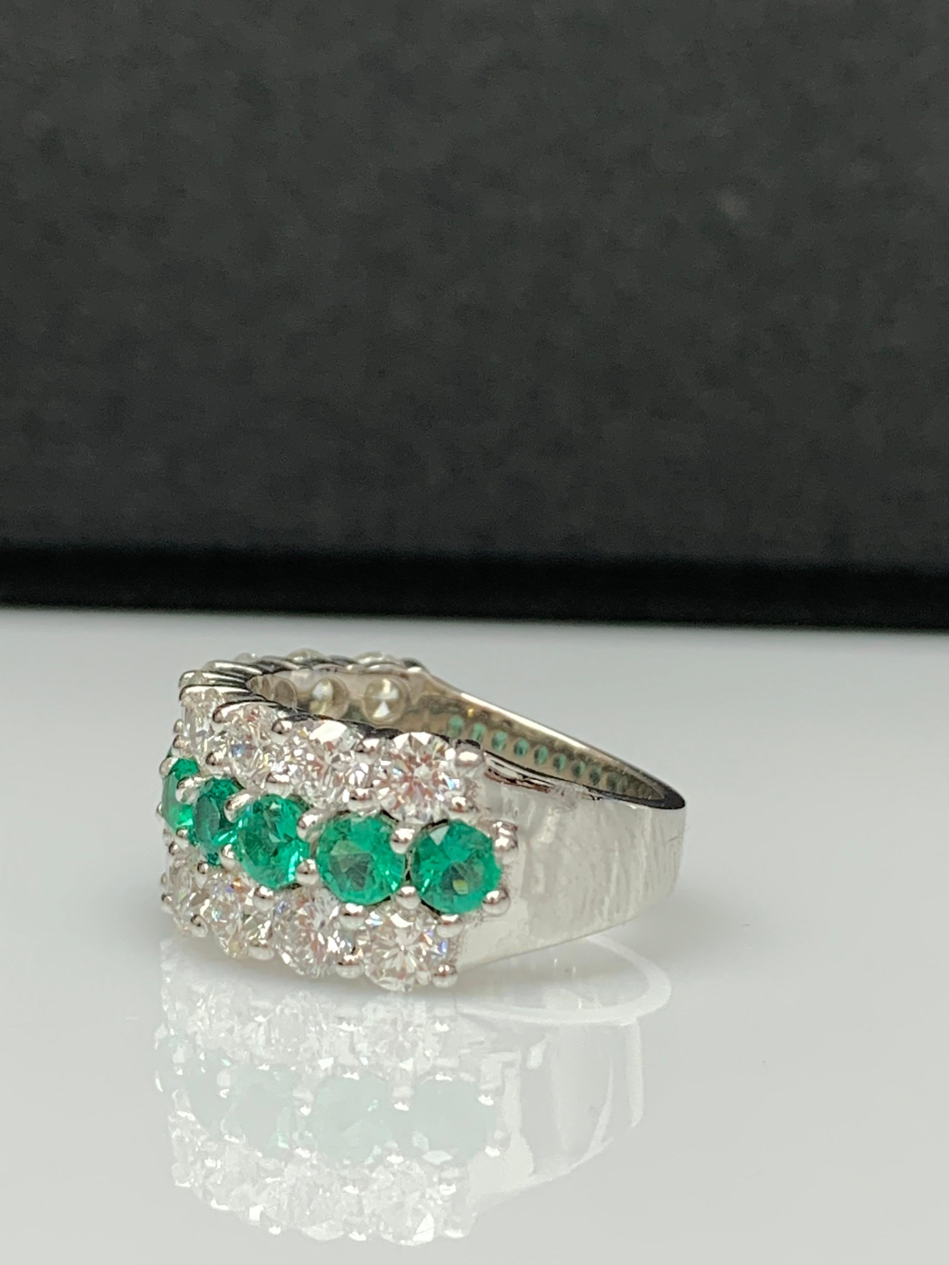 1.29 Ct Round Shape Emerald and Diamond Three Row Band Ring in 14K White Gold For Sale 4