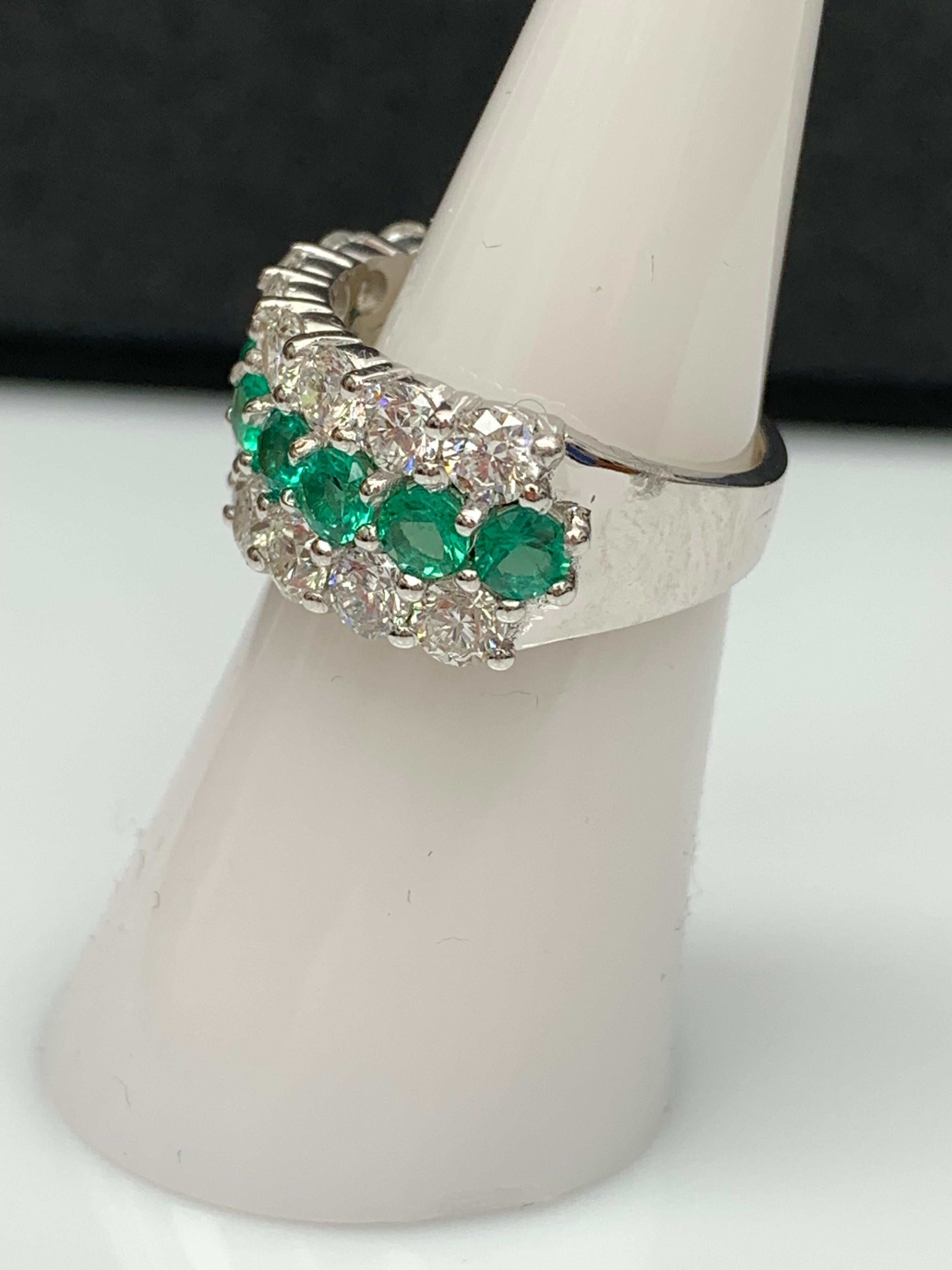 1.29 Ct Round Shape Emerald and Diamond Three Row Band Ring in 14K White Gold For Sale 8