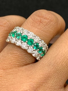 1.29 Ct Round Shape Emerald and Diamond Three Row Band Ring in 14K White Gold