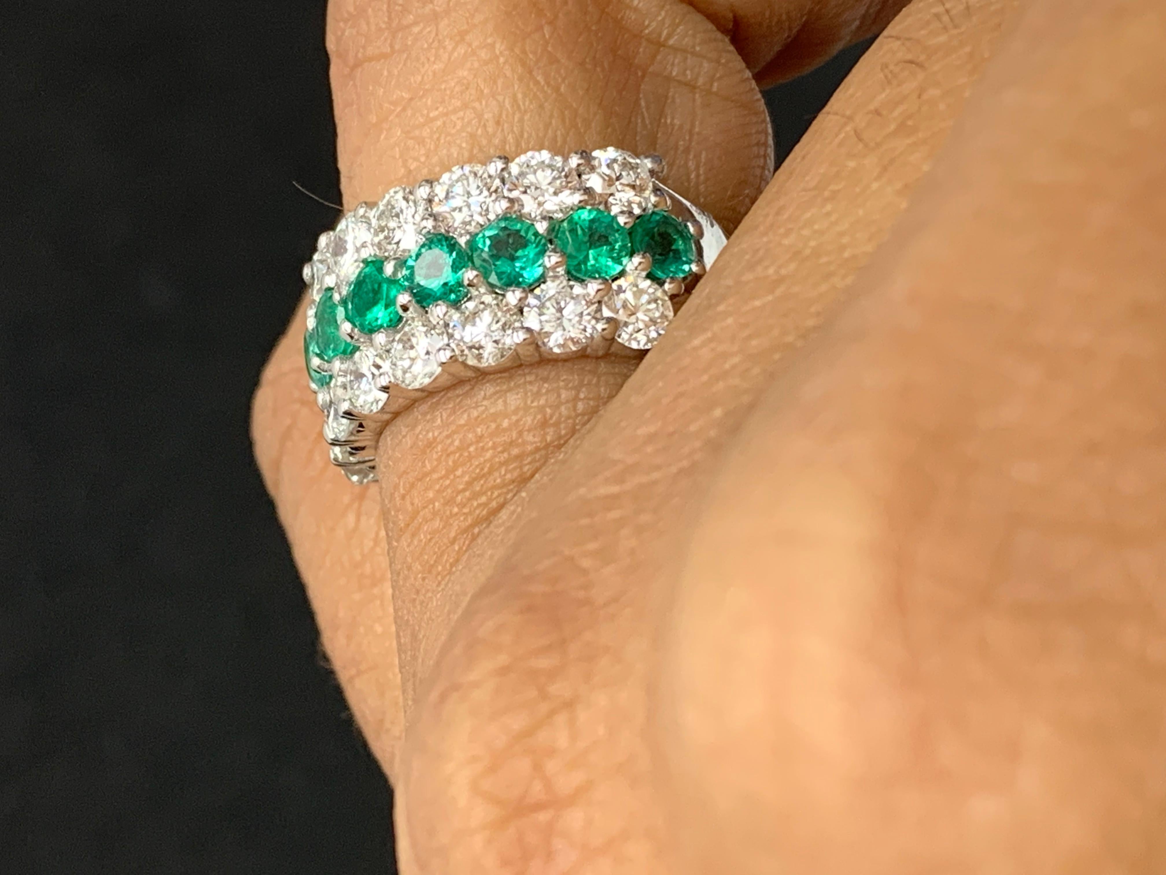 Round Cut 1.29 Ct Round Shape Emerald and Diamond Three Row Band Ring in 14K White Gold For Sale