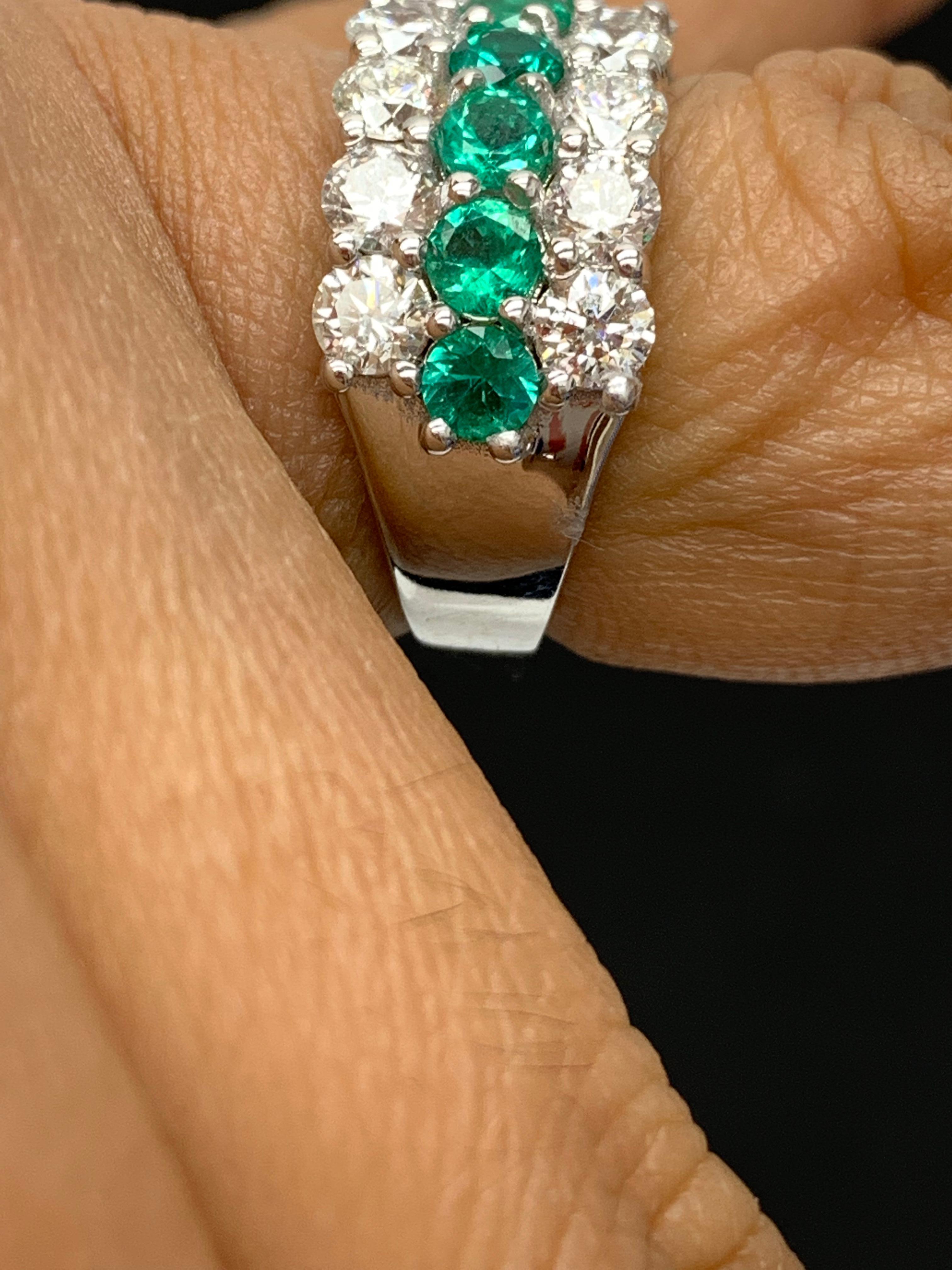1.29 Ct Round Shape Emerald and Diamond Three Row Band Ring in 14K White Gold For Sale 1