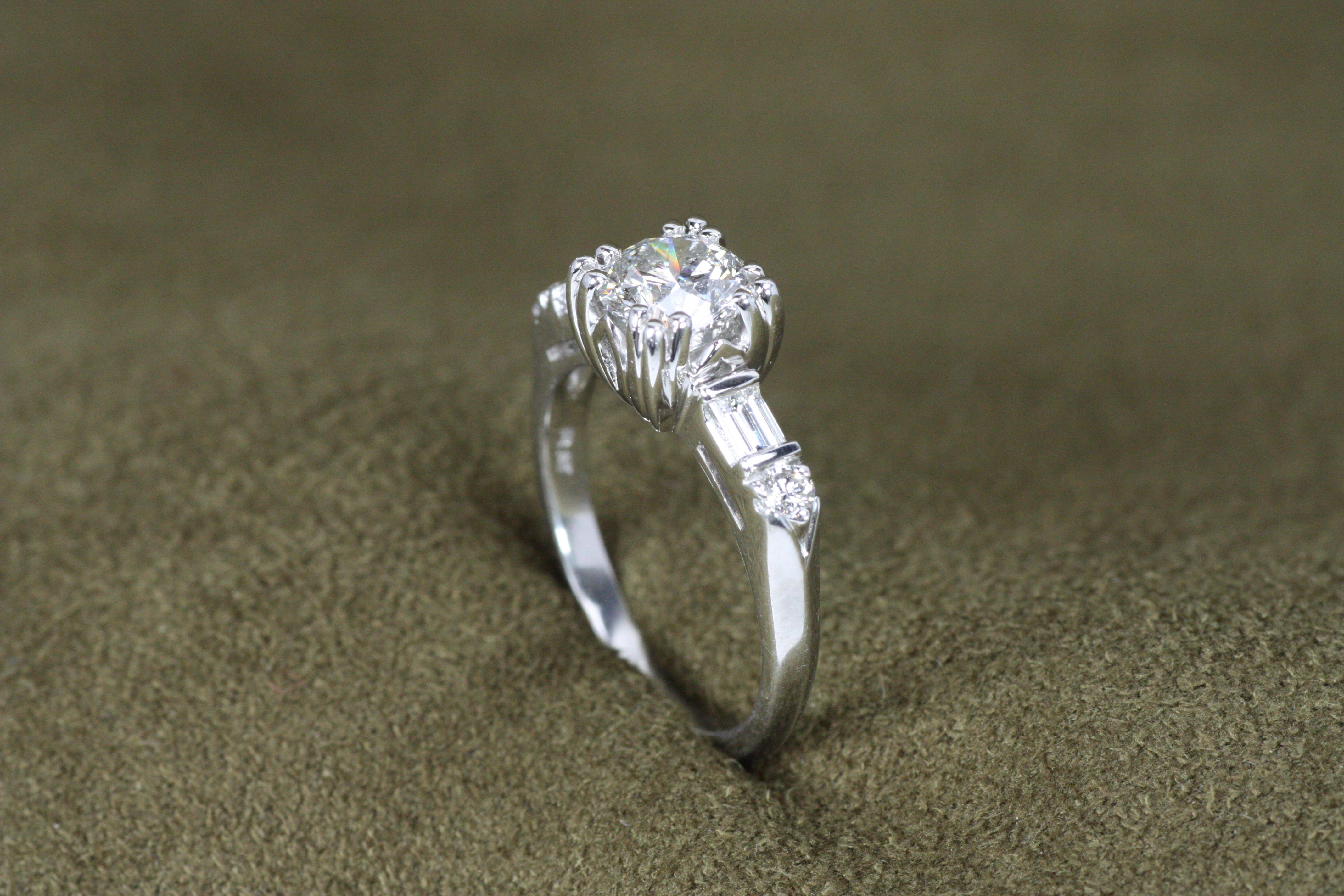 Women's 1.29 Total Carat Round & Baguette Diamond 1950s-Inspired Plat Engagement Ring For Sale