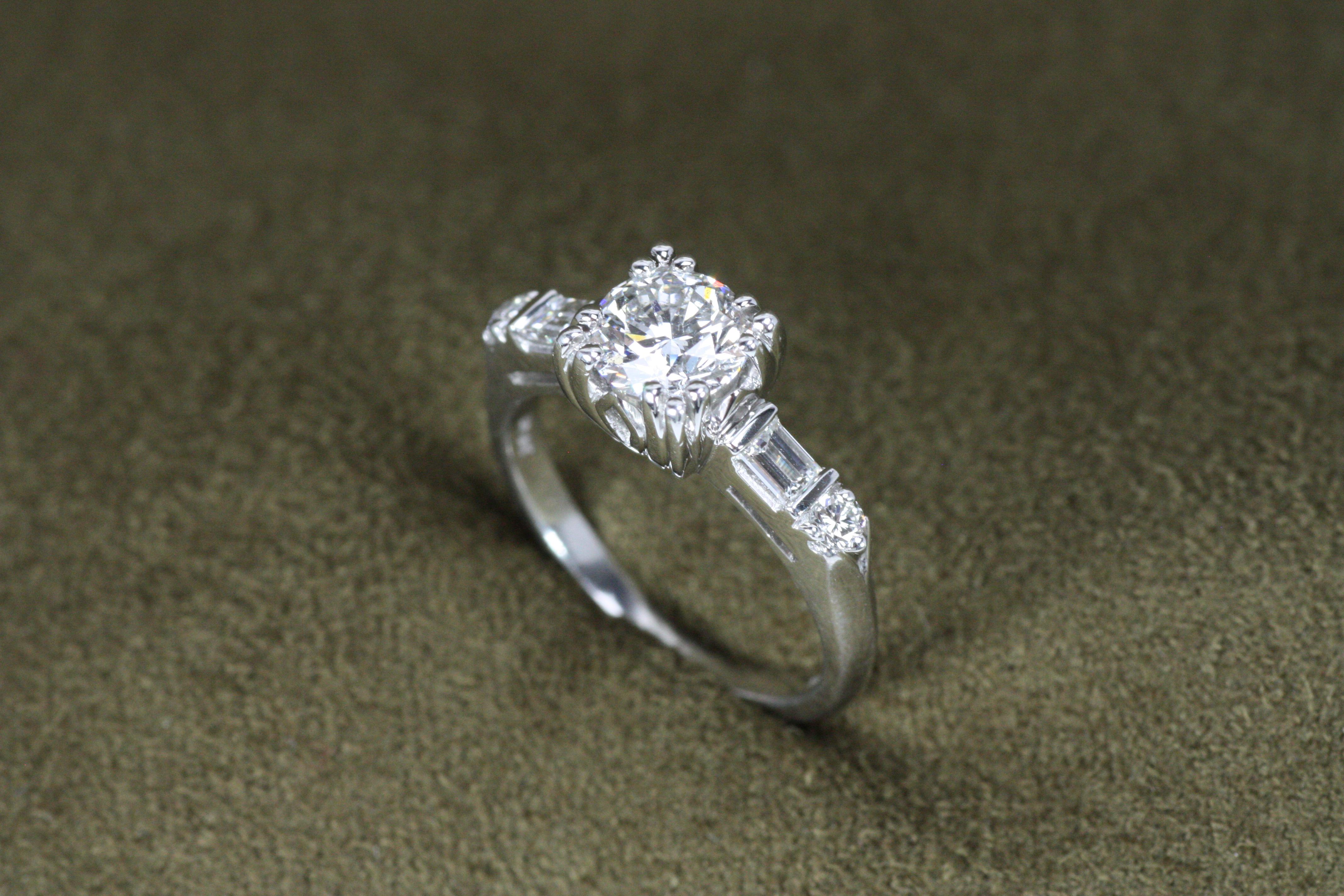 1.29 Total Carat Round & Baguette Diamond 1950s-Inspired Plat Engagement Ring In New Condition For Sale In Santa Monica, CA
