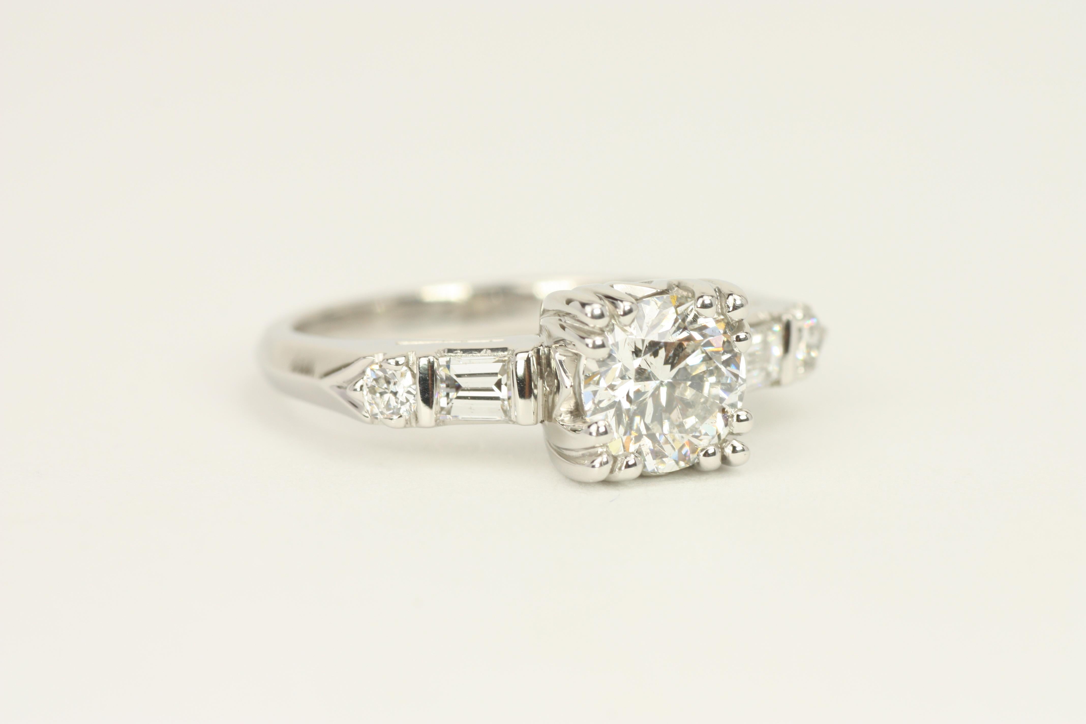 1.29 Total Carat Round & Baguette Diamond 1950s-Inspired Plat Engagement Ring For Sale 4