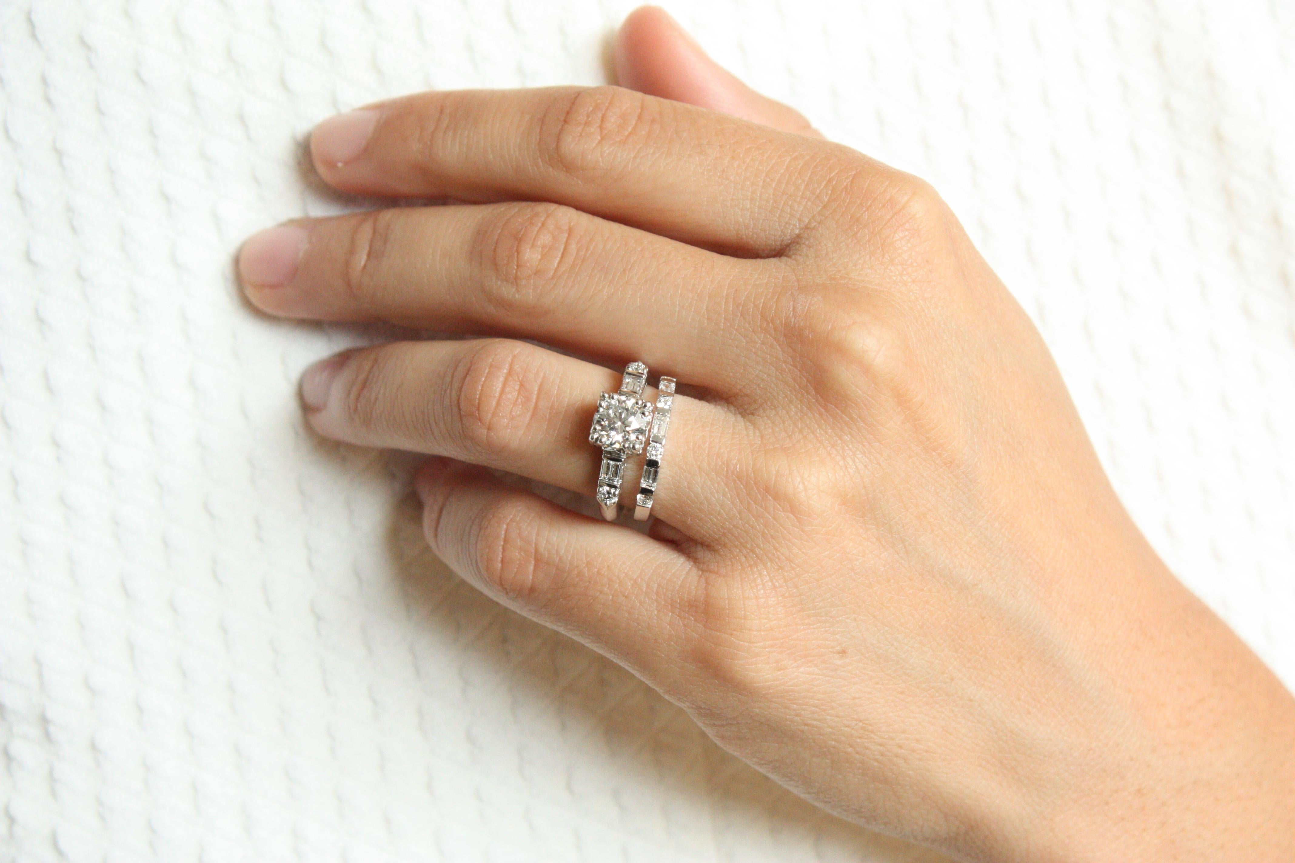 Retro 1.29 Total Carat Round & Baguette Diamond 1950s-Inspired Plat Engagement Ring For Sale
