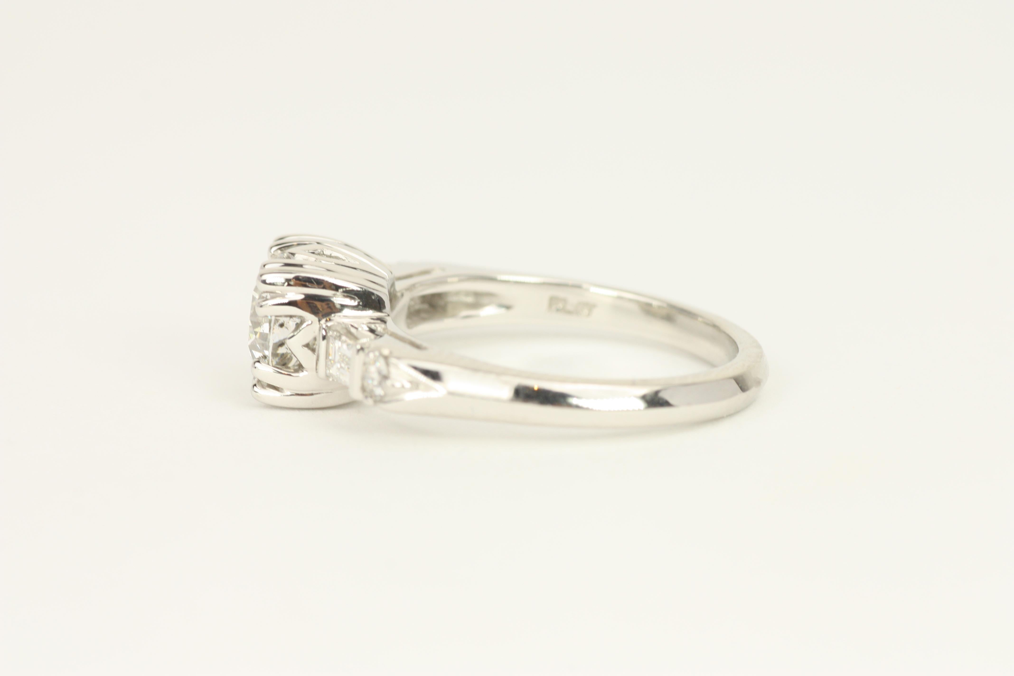 1.29 Total Carat Round & Baguette Diamond 1950s-Inspired Plat Engagement Ring For Sale 5