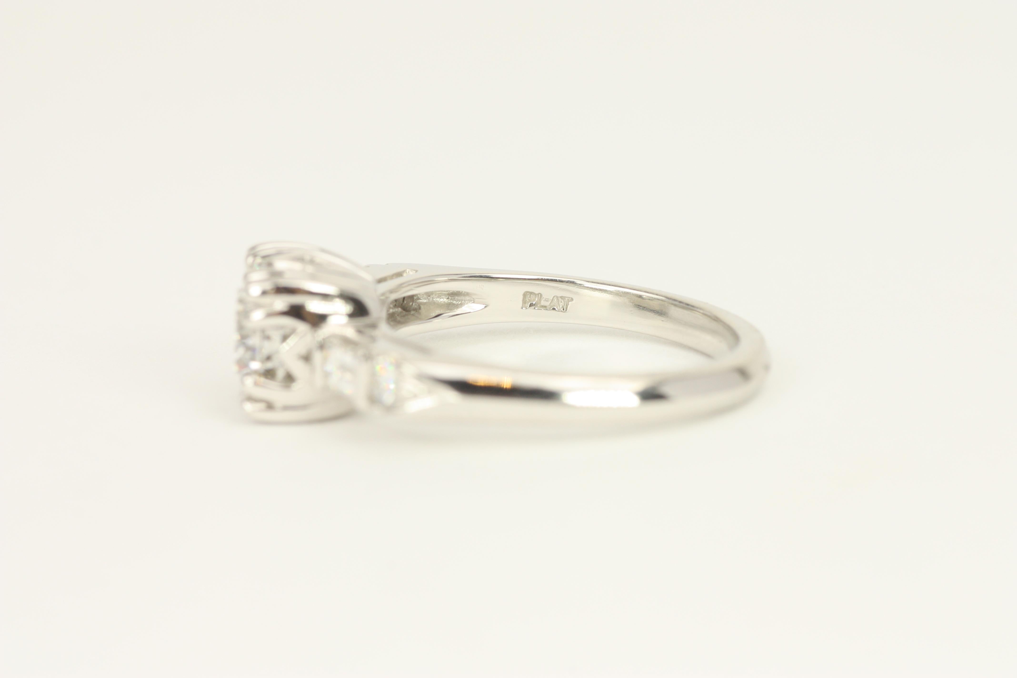 1.29 Total Carat Round & Baguette Diamond 1950s-Inspired Plat Engagement Ring For Sale 6