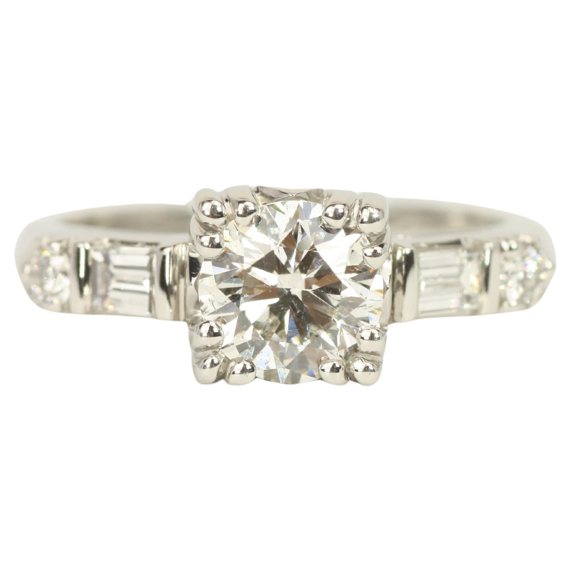 1.29 Total Carat Round & Baguette Diamond 1950s-Inspired Plat Engagement Ring
