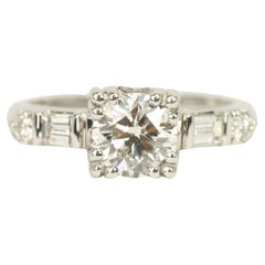 1.29 Total Carat Round & Baguette Diamond 1950s-Inspired Plat Engagement Ring