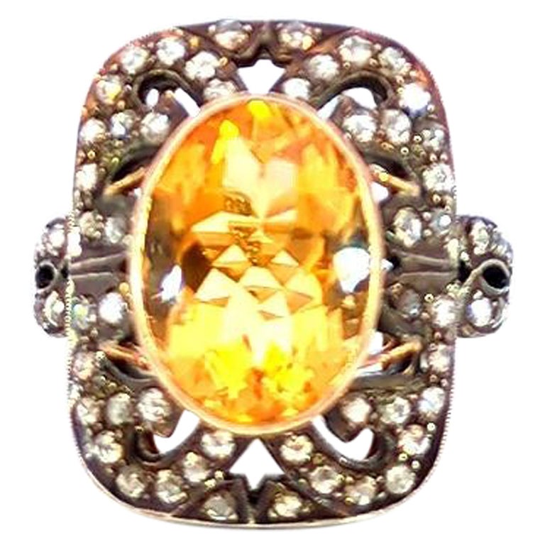 12.90 Carat Antique Oval Yellow Sapphire Diamond Ring in 18K Gold
