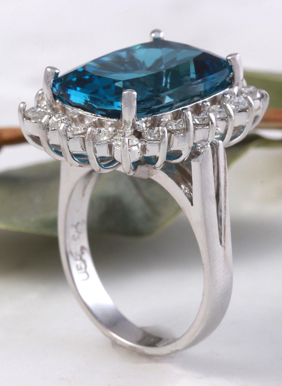 De las mujeres 12,90 Quilates Natural Impresionante Topacio Azul de Londres y Diamante Anillo de Oro de 14 Kilates en venta