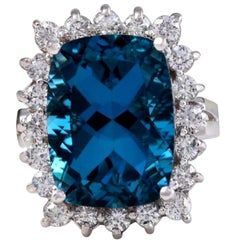 12.90 Carat Natural Impressive London Blue Topaz and Diamond 14 Karat Gold Ring 12.90 Carat Natural Impressive London Blue Topaz and Diamond 14 Karat Gold Ring