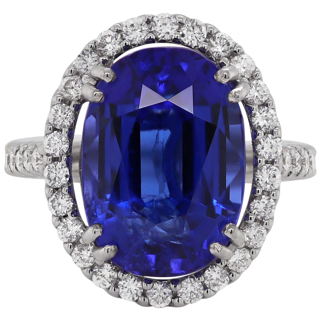 12.90 Carat Oval Tanzanite and Diamond Cocktail Ring For Sale
