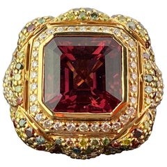 12.90 Carat Unisex Tourmaline and Coloured Diamond 18 Karat Gold Cocktail Ring