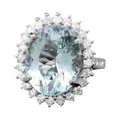 Anillo de oro blanco macizo de 14k con aguamarina natural y diamantes de 12,90 quilates