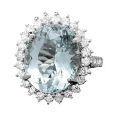 14 Karat massiver Weißgoldring mit 12,90 Karat natürlichem Aquamarin und Diamant