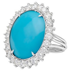 Roman Malakov 12.90 Carat Oval Cabochon Turquoise & Diamond Halo Cocktail Ring