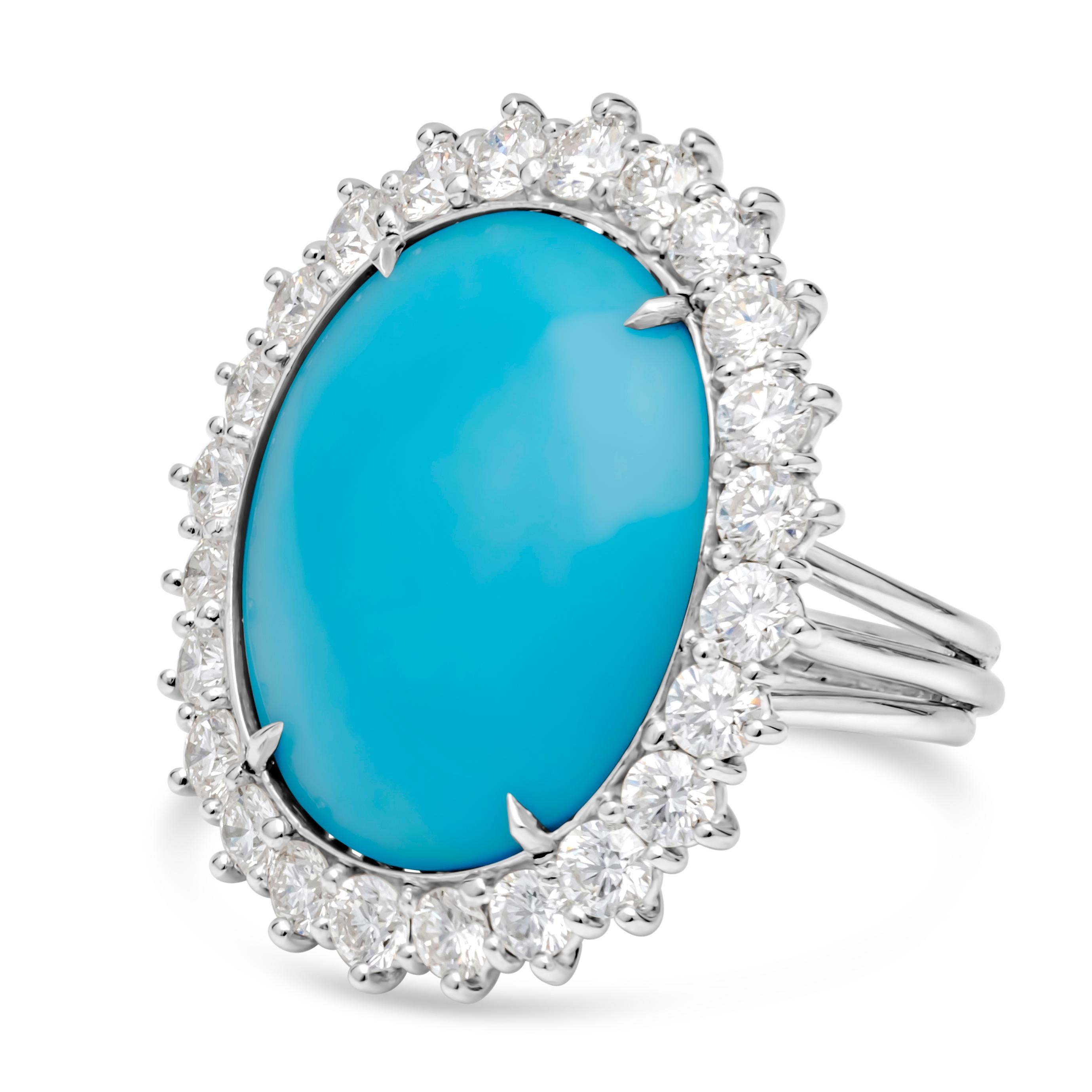 12.90 Carats Total Oval Cut Turquoise Gemstone & Round Diamond Fashion Ring In New Condition For Sale In New York, NY