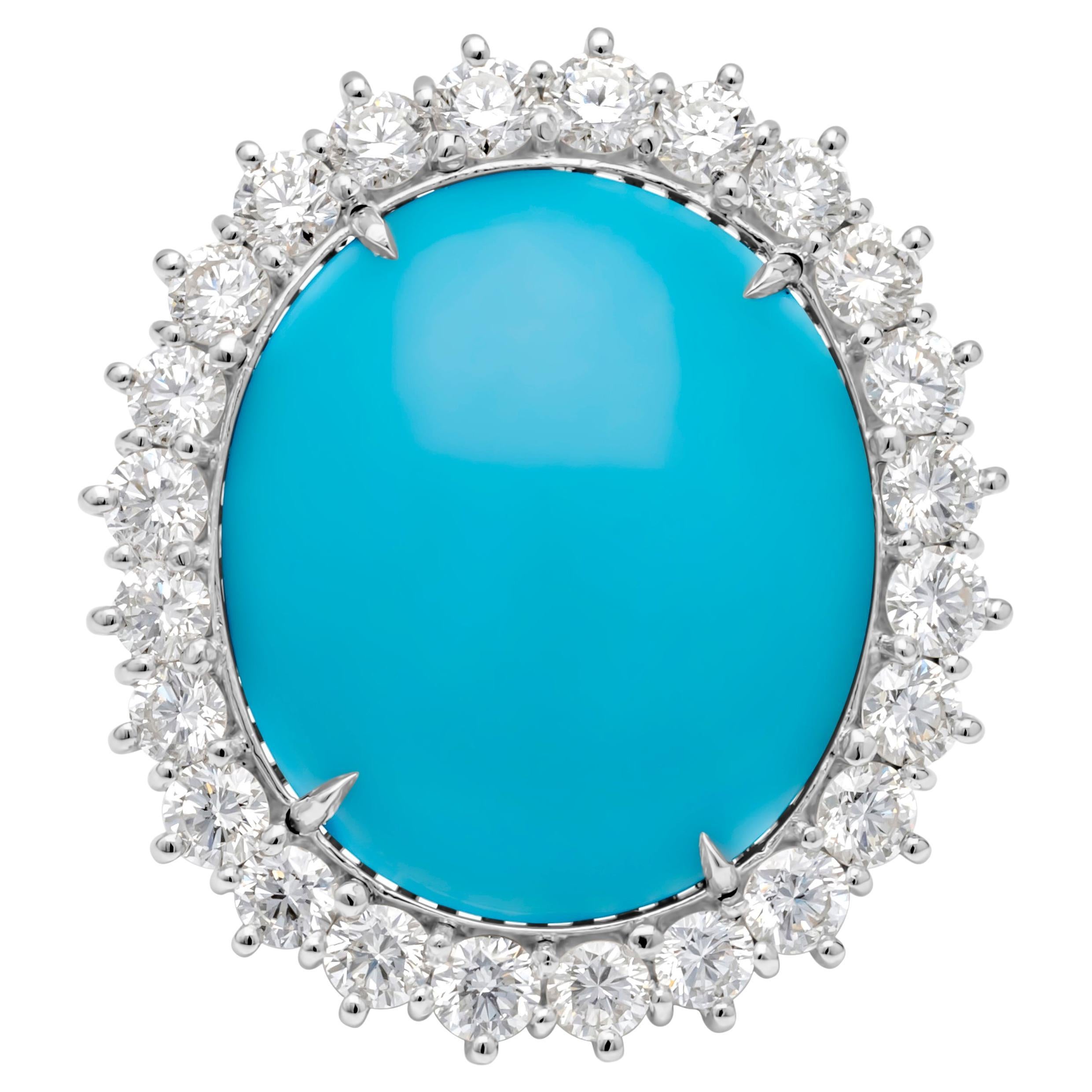 Bague à la mode en turquoise de taille ovale et diamants ronds de 12,90 carats au total