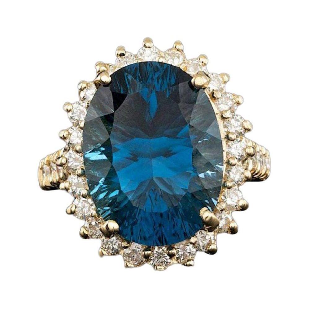 12.90ct Natural Blue Topaz & Diamond 14k Solid Yellow Gold Ring For Sale