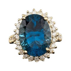 12.90ct Natural Blue Topaz & Diamond 14k Solid Yellow Gold Ring