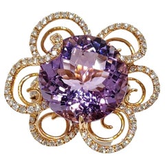 12.91 Carat Round Amethyst Diamond Flower Ring in 14 Karat Rose Gold