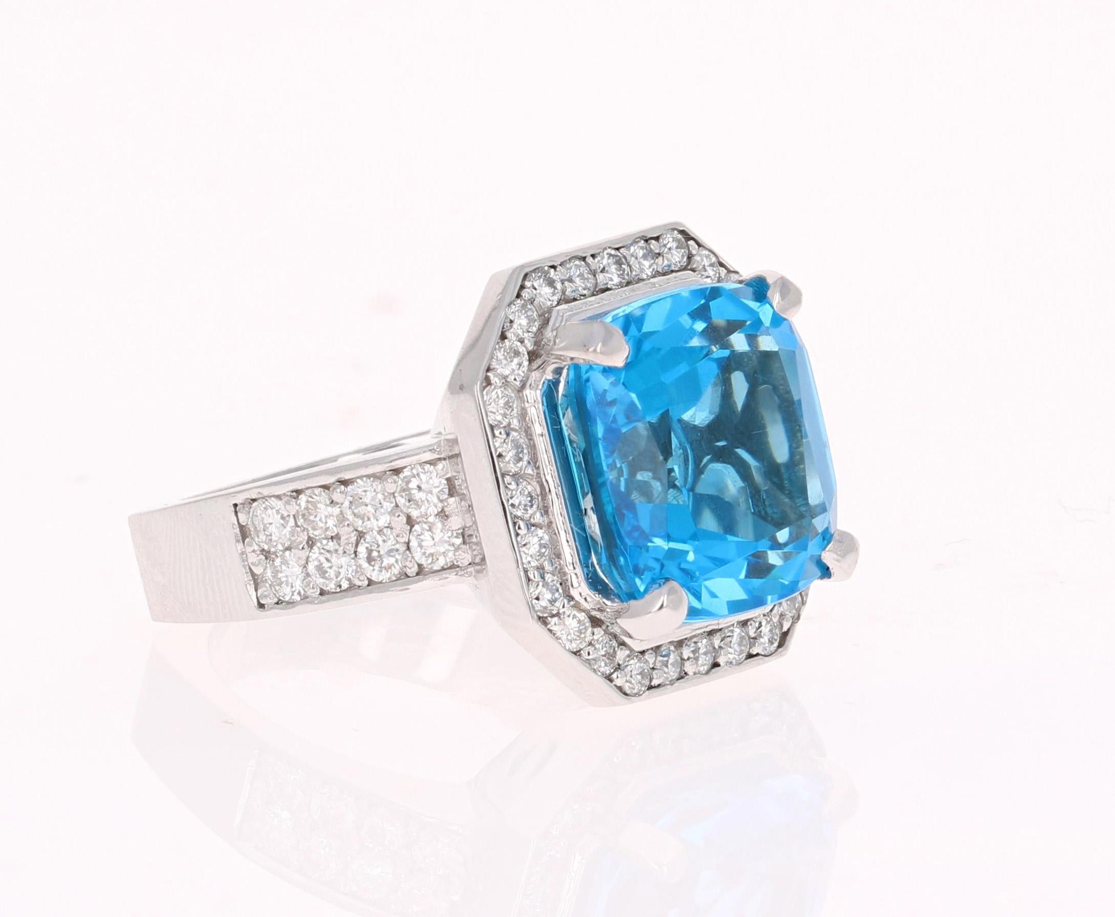 Modern 12.92 Carat Blue Topaz Diamond White Gold Cocktail Ring