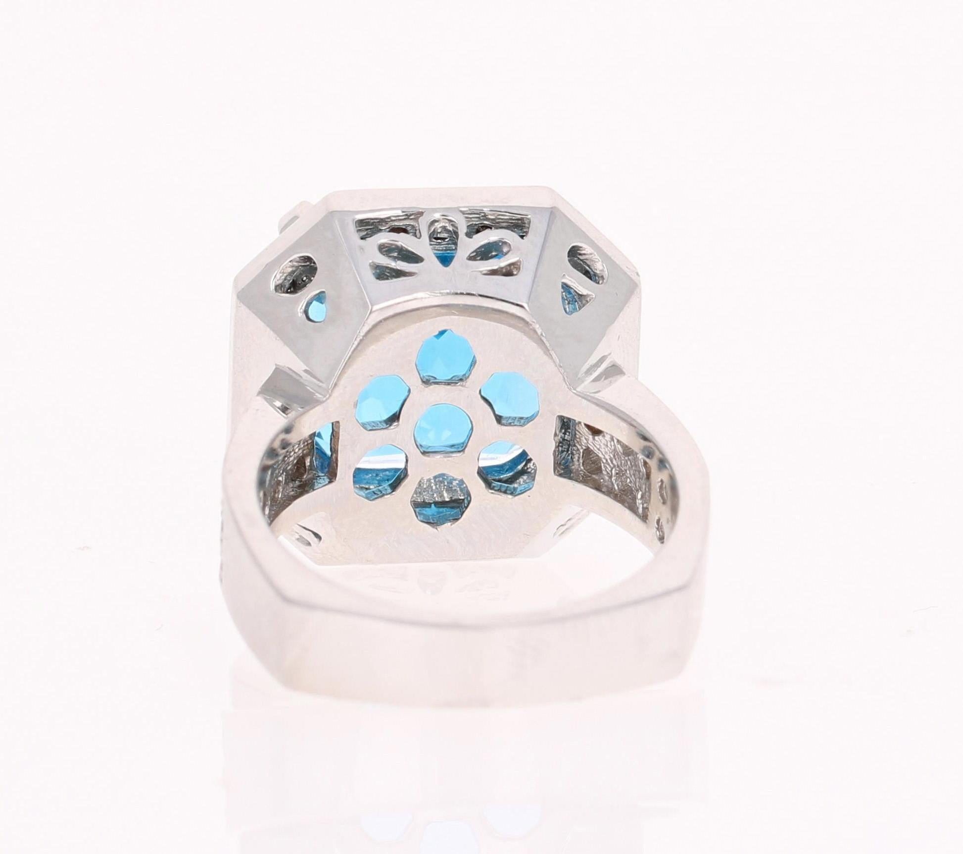 Cushion Cut 12.92 Carat Blue Topaz Diamond White Gold Cocktail Ring