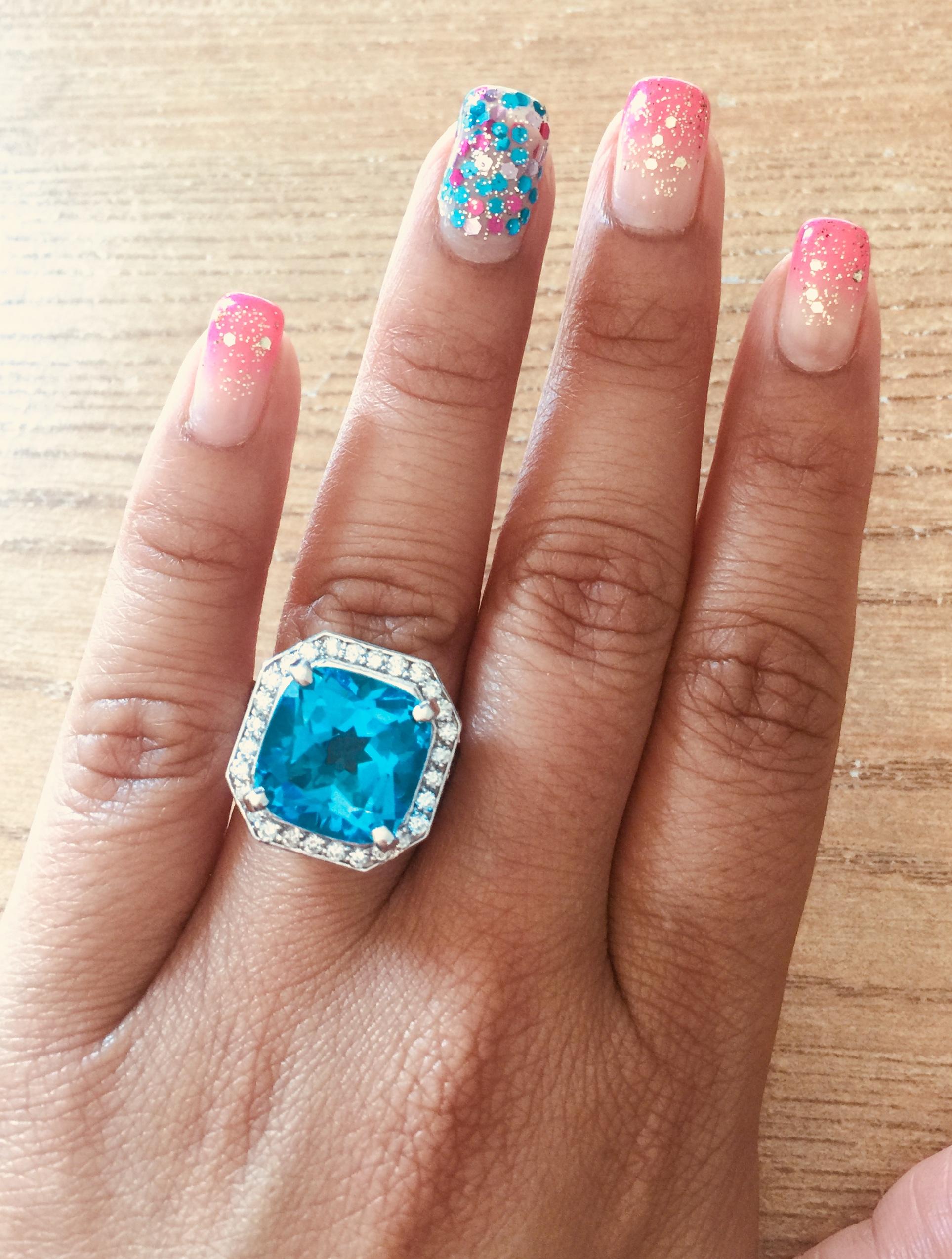 12.92 Carat Blue Topaz Diamond White Gold Cocktail Ring In New Condition In Los Angeles, CA