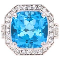 12.92 Carat Blue Topaz Diamond White Gold Cocktail Ring