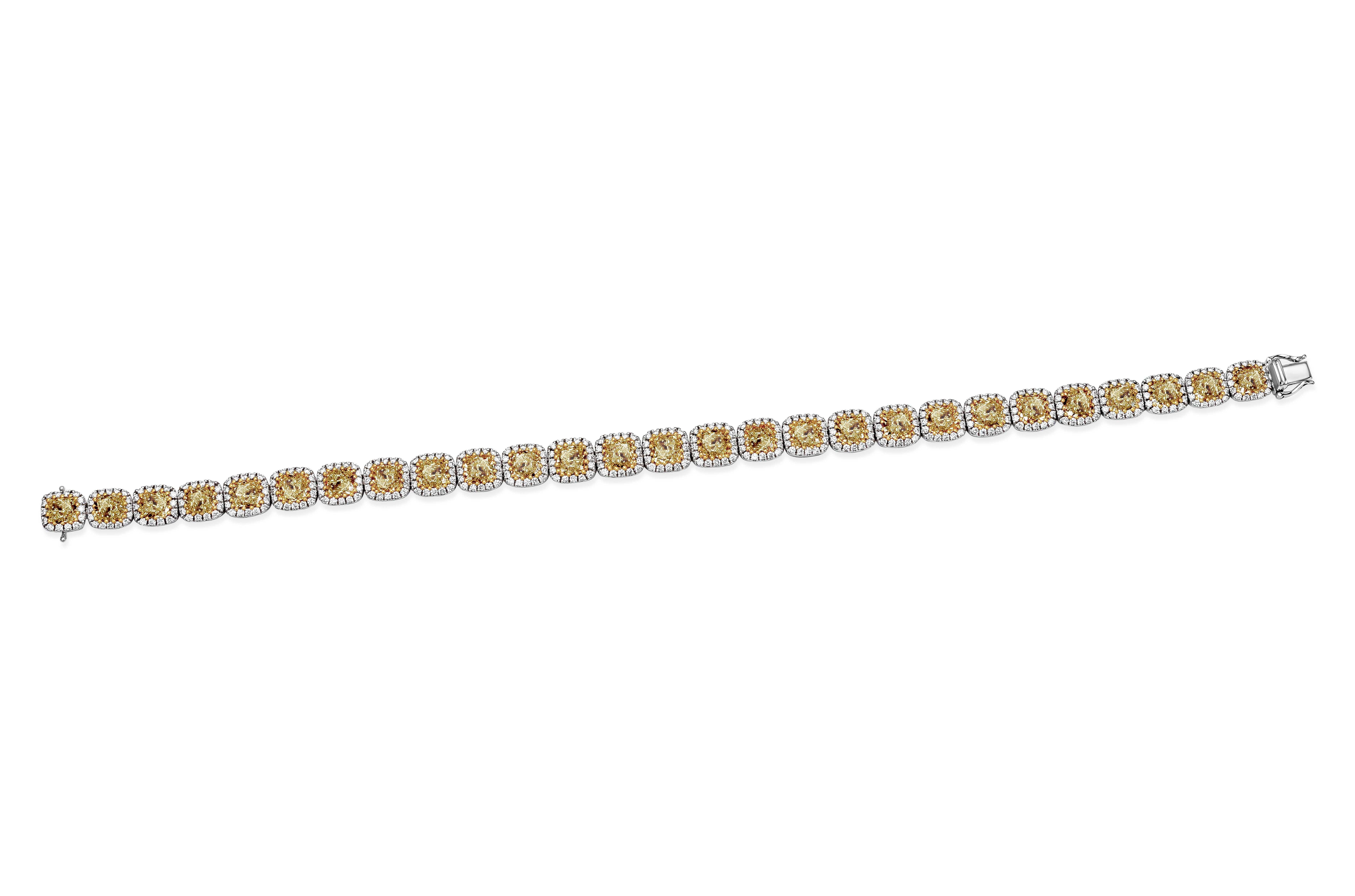 Contemporary Roman Malakov 12.92 Carat Cushion Cut Fancy Yellow Color Diamond Halo Bracelet For Sale