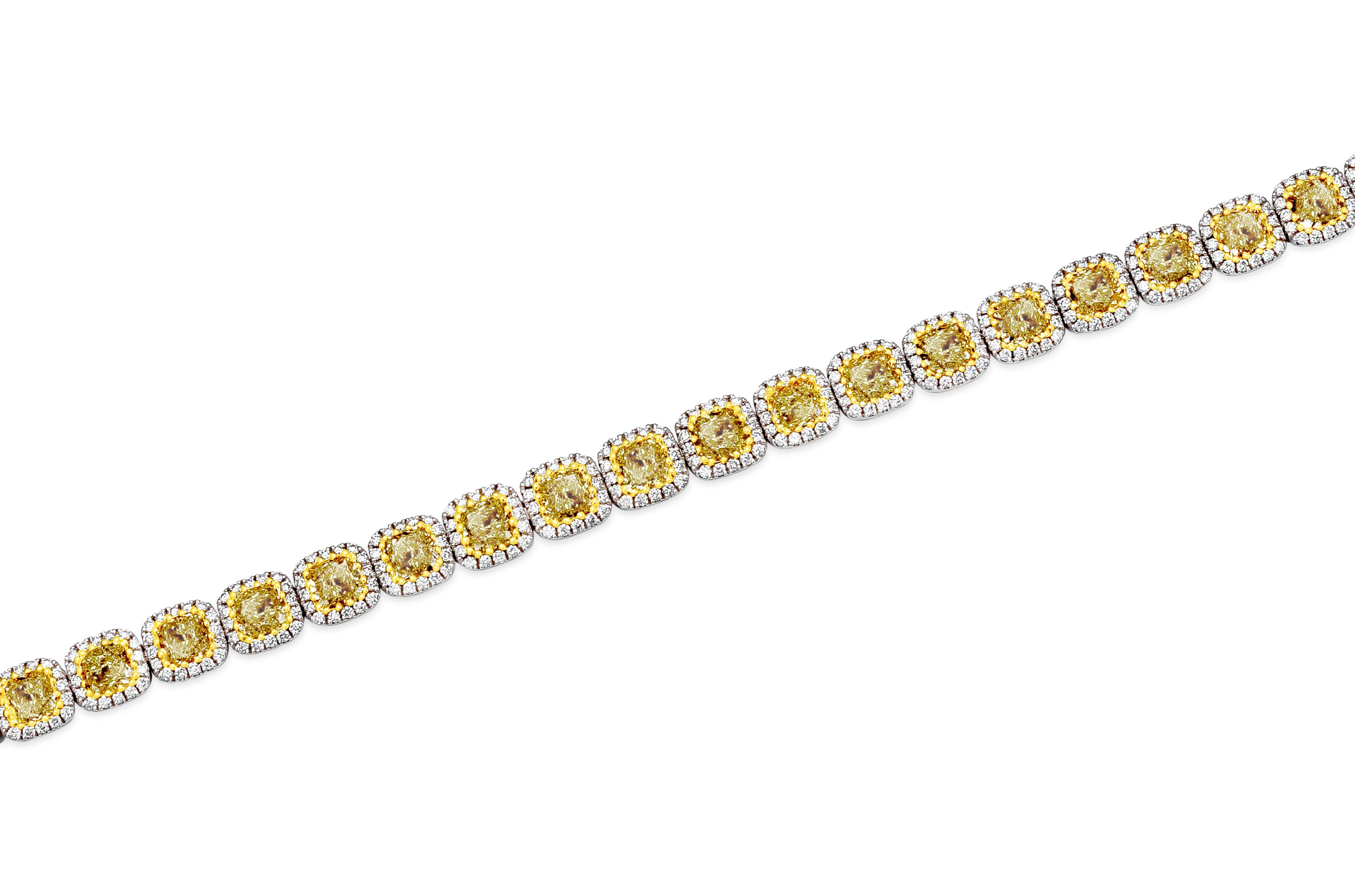 Roman Malakov 12.92 Carat Cushion Cut Fancy Yellow Color Diamond Halo Bracelet In New Condition For Sale In New York, NY