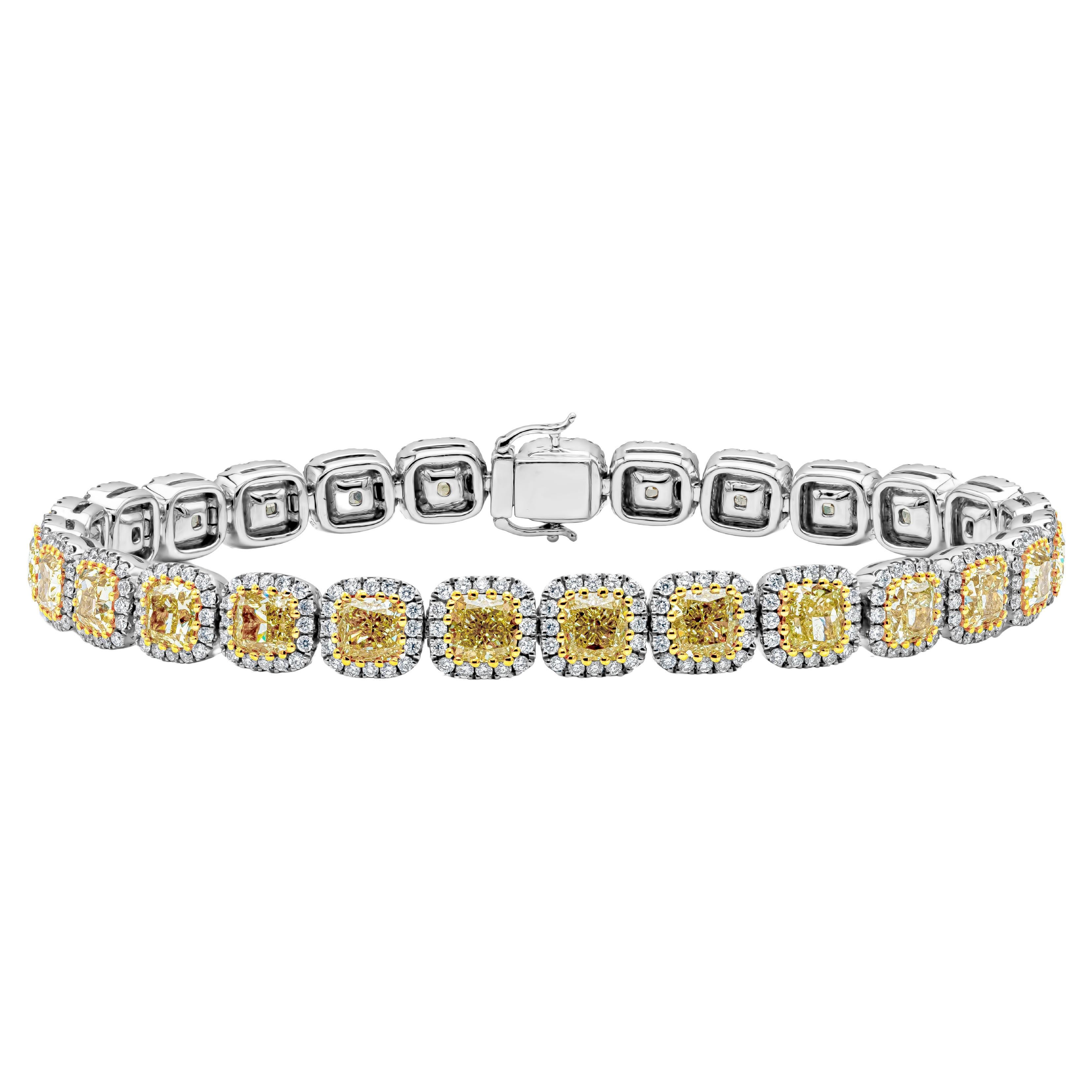 Roman Malakov 12.92 Carat Cushion Cut Fancy Yellow Color Diamond Halo Bracelet For Sale