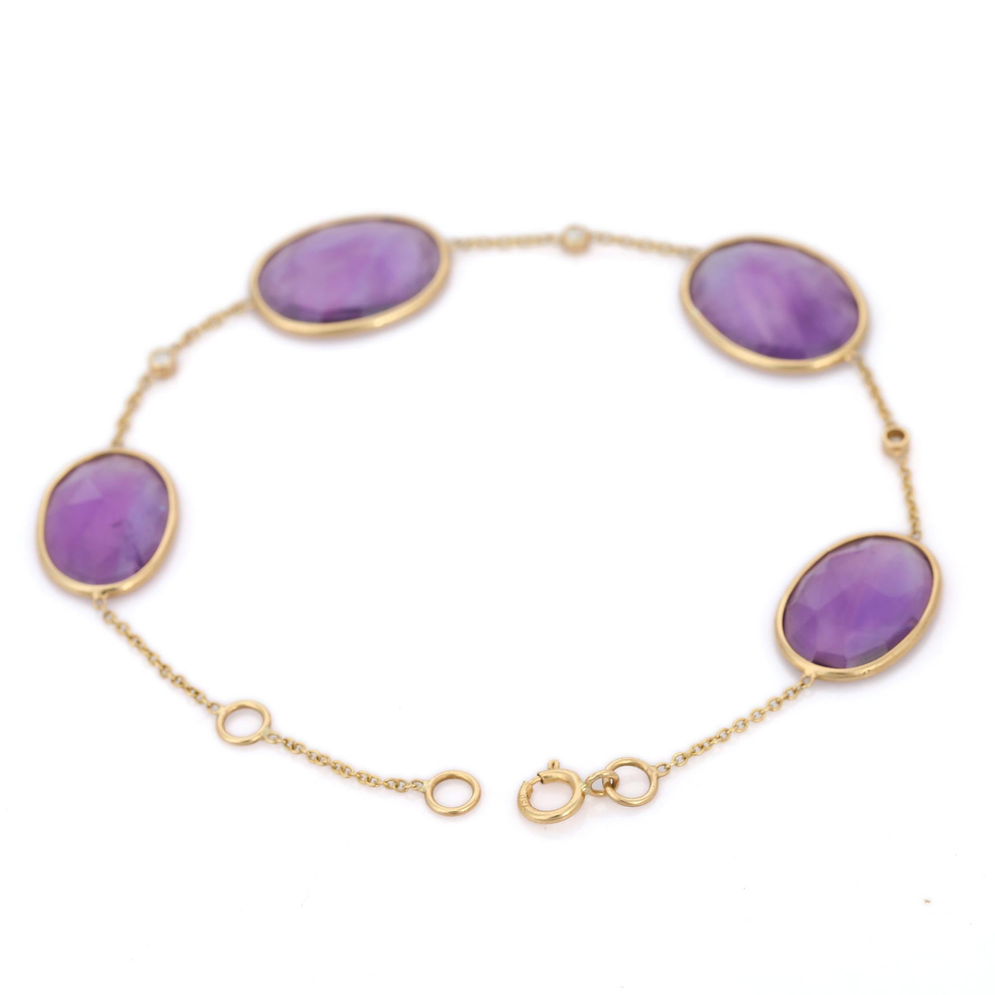 Modern 12.92 Ct Oval Cut Amethyst and Diamond Chain Bracelet in 18K Yellow Gold For Sale