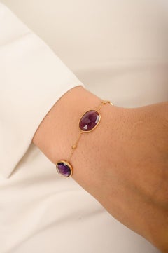 12.92 Ct Oval Cut Amethyst and Diamond Chain Bracelet in 18K Yellow Gold