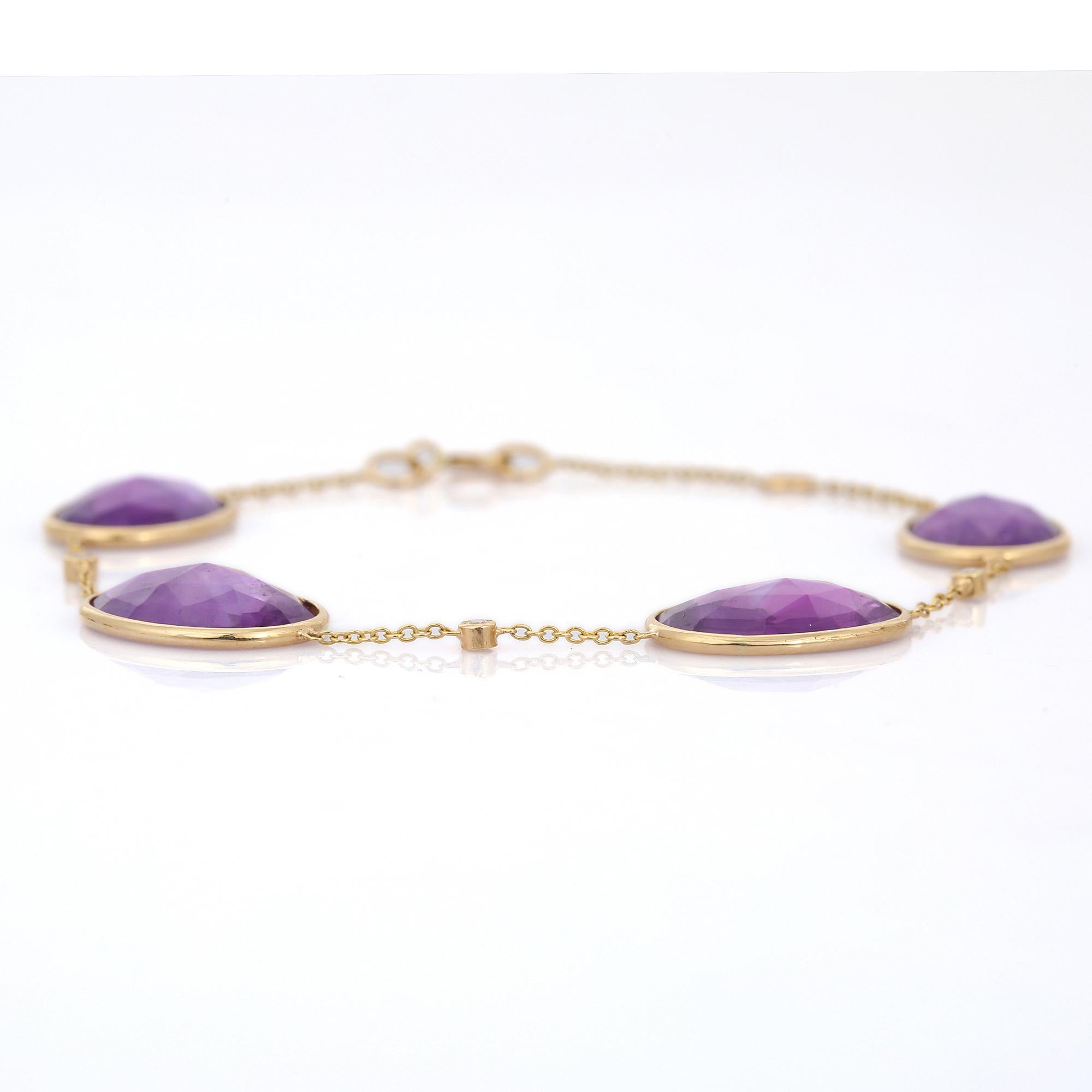 Women's 12.92 Ct Oval Cut Amethyst and Diamond Chain Bracelet in 18K Yellow Gold For Sale