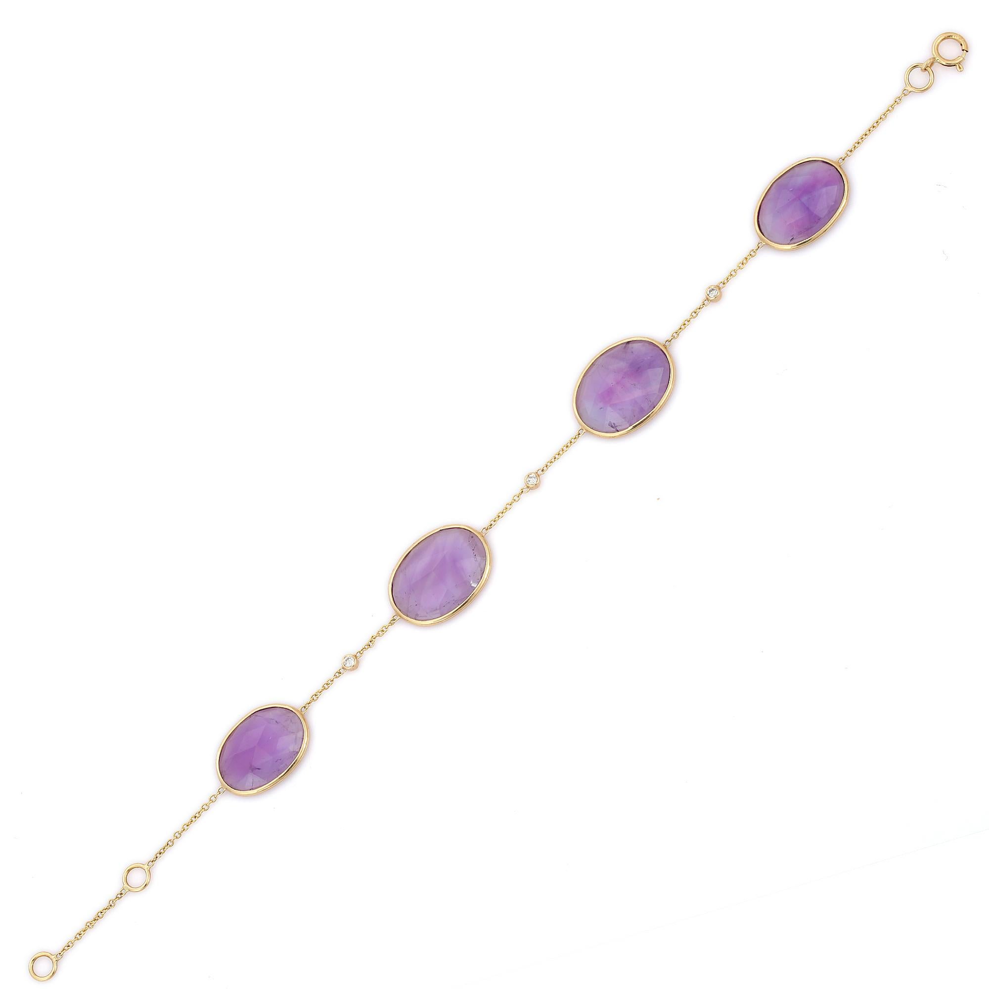 12.92 Ct Oval Cut Amethyst and Diamond Chain Bracelet in 18K Yellow Gold For Sale 2
