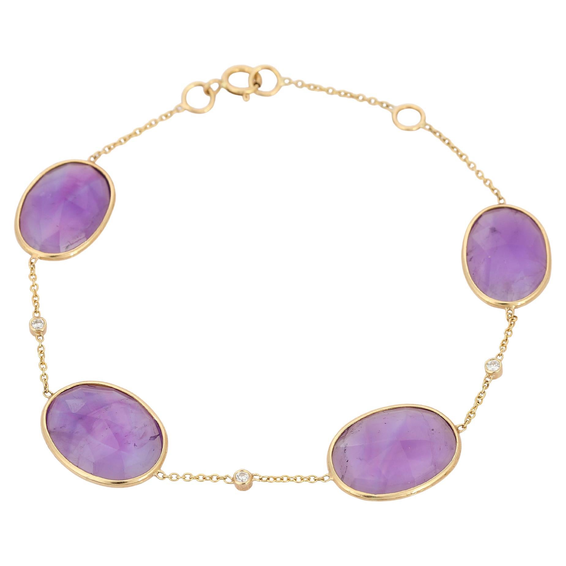 12.92 Ct Oval Cut Amethyst and Diamond Chain Bracelet in 18K Yellow Gold For Sale