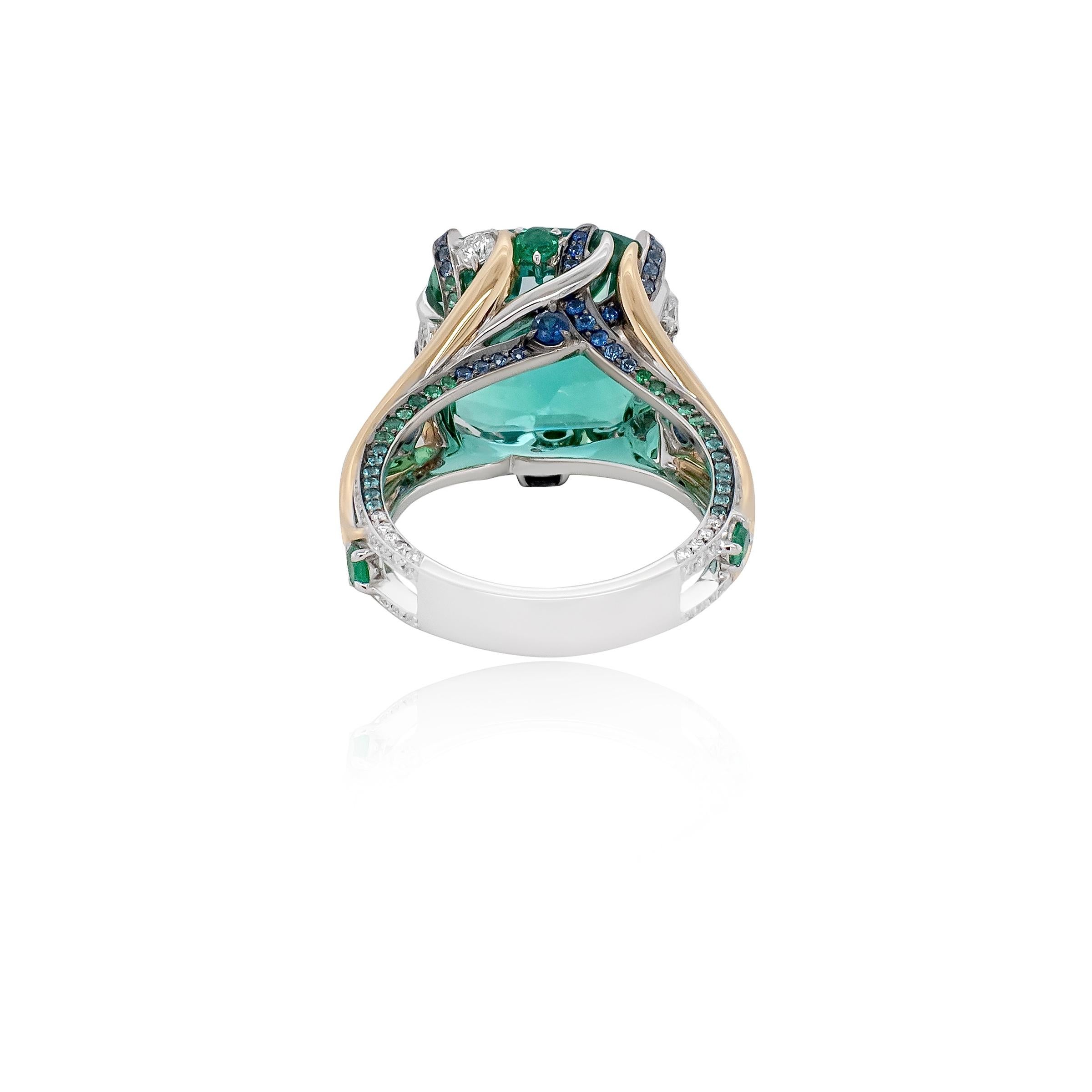 Modern 12.92 Carat Lagoon Tourmaline Cocktail Ring in 18k Gold For Sale