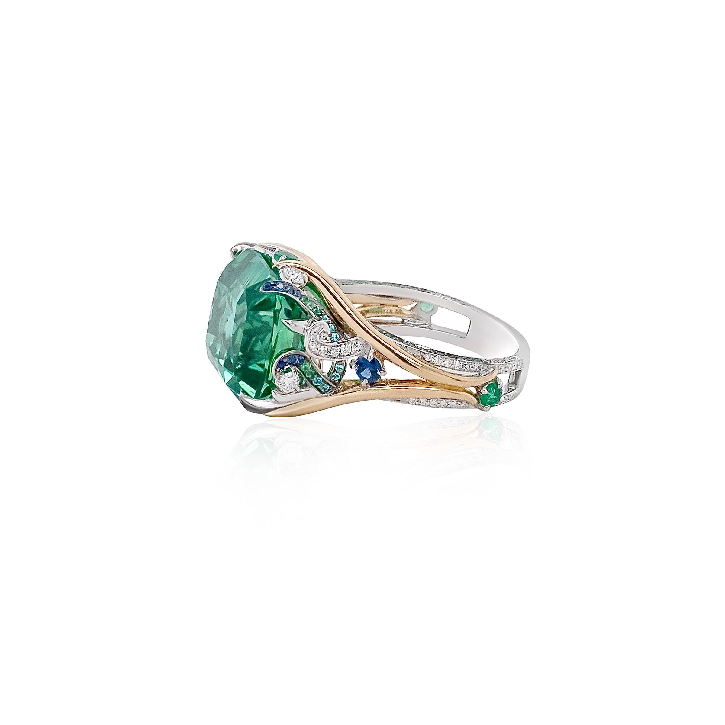 Cushion Cut 12.92 Carat Lagoon Tourmaline Cocktail Ring in 18k Gold For Sale