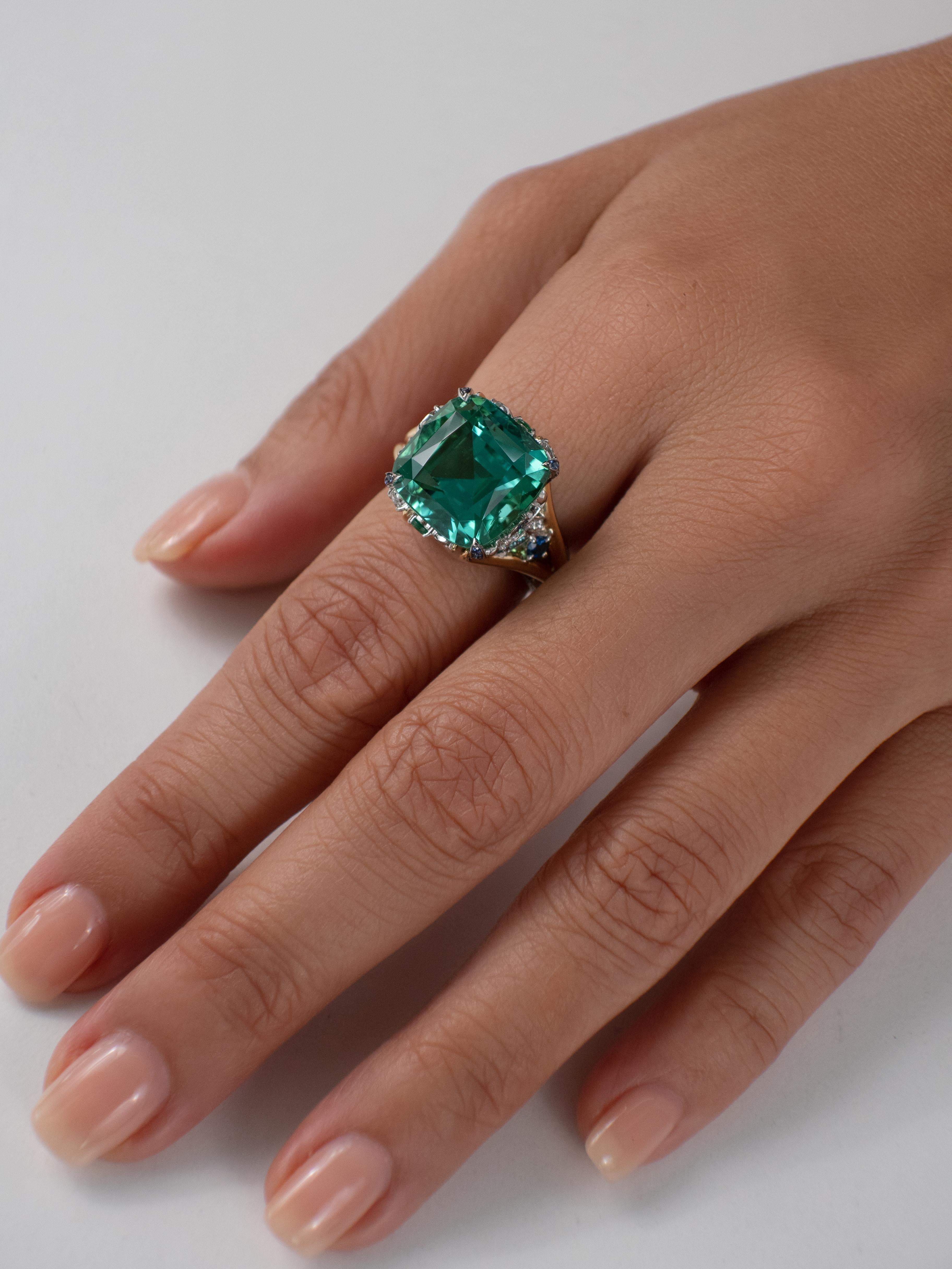 Women's or Men's 12.92 Carat Lagoon Tourmaline Cocktail Ring in 18k Gold For Sale