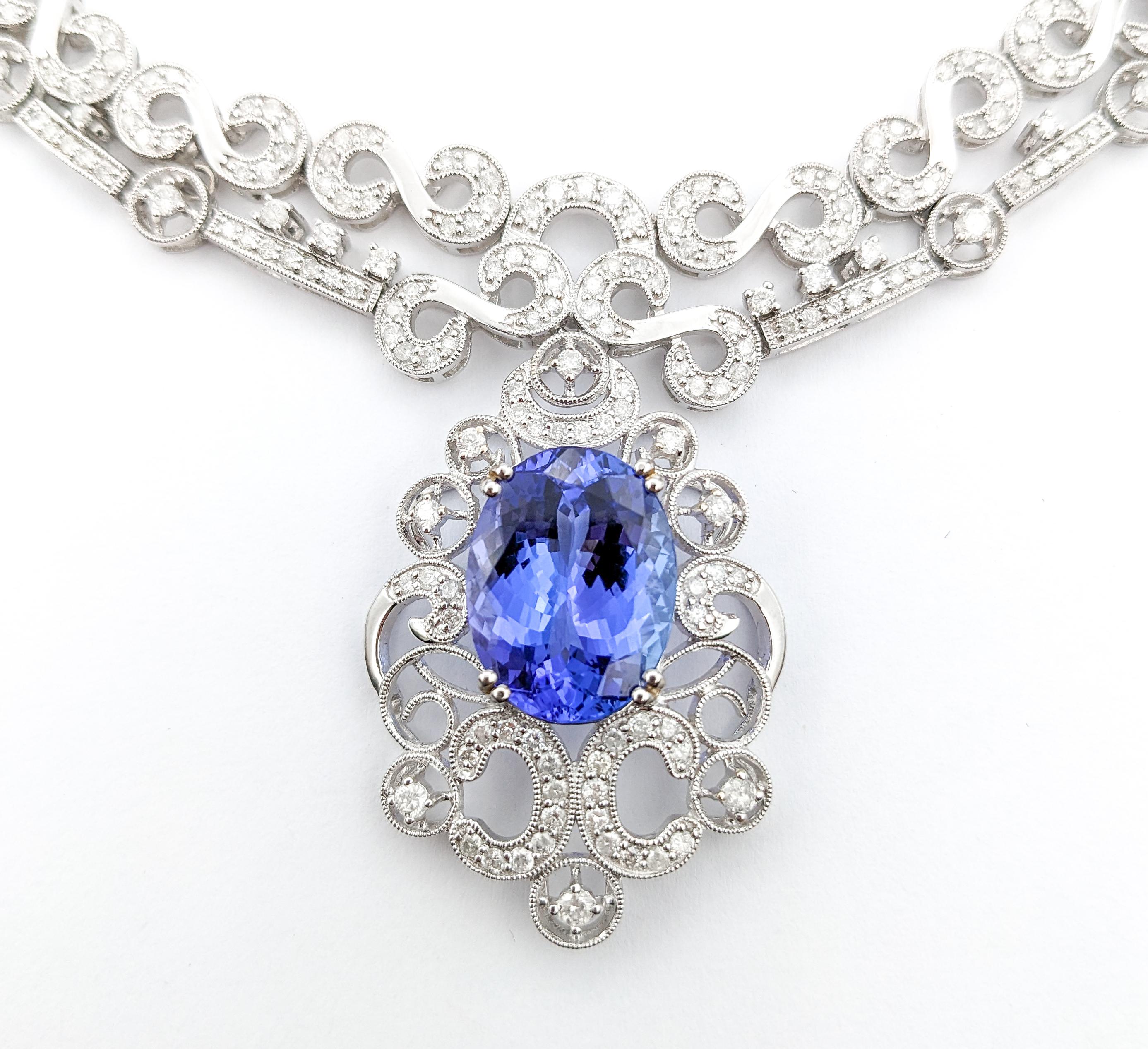 12.92ct Blue Tanzanite & 6.14ctw Diamond Necklace In White Gold 7