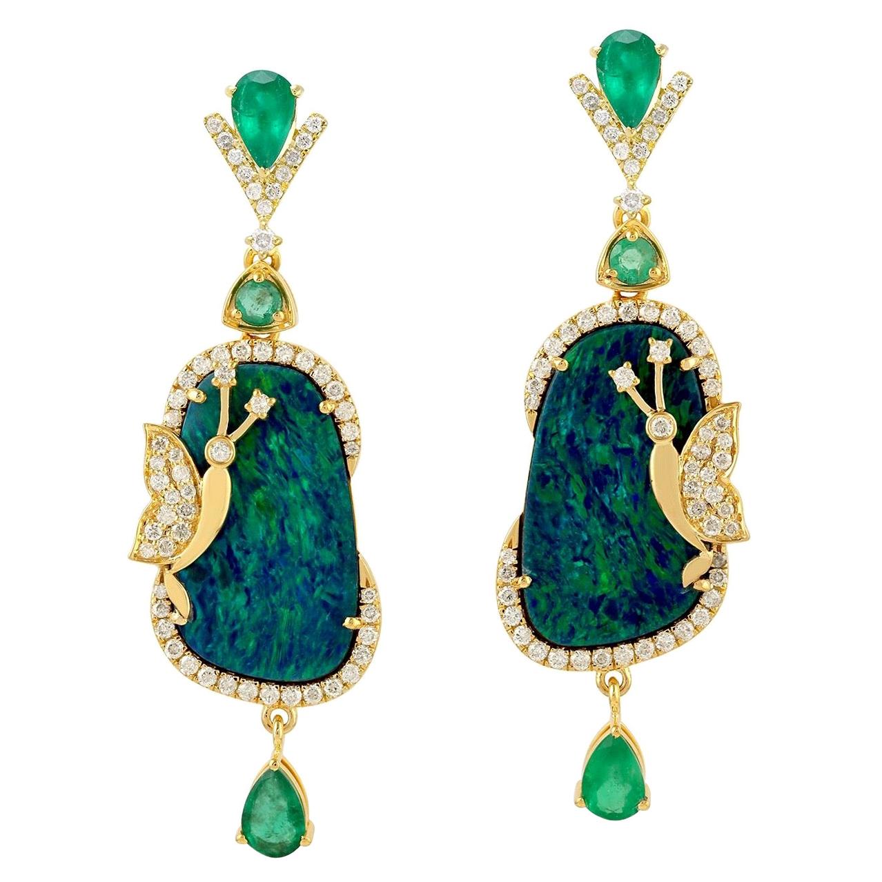 12.93 Carat Opal Emerald Diamond 18 Karat Gold Bee Earrings