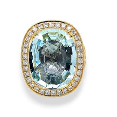 12.94 Carat Aquamarine Round Diamond Yellow Gold Ring