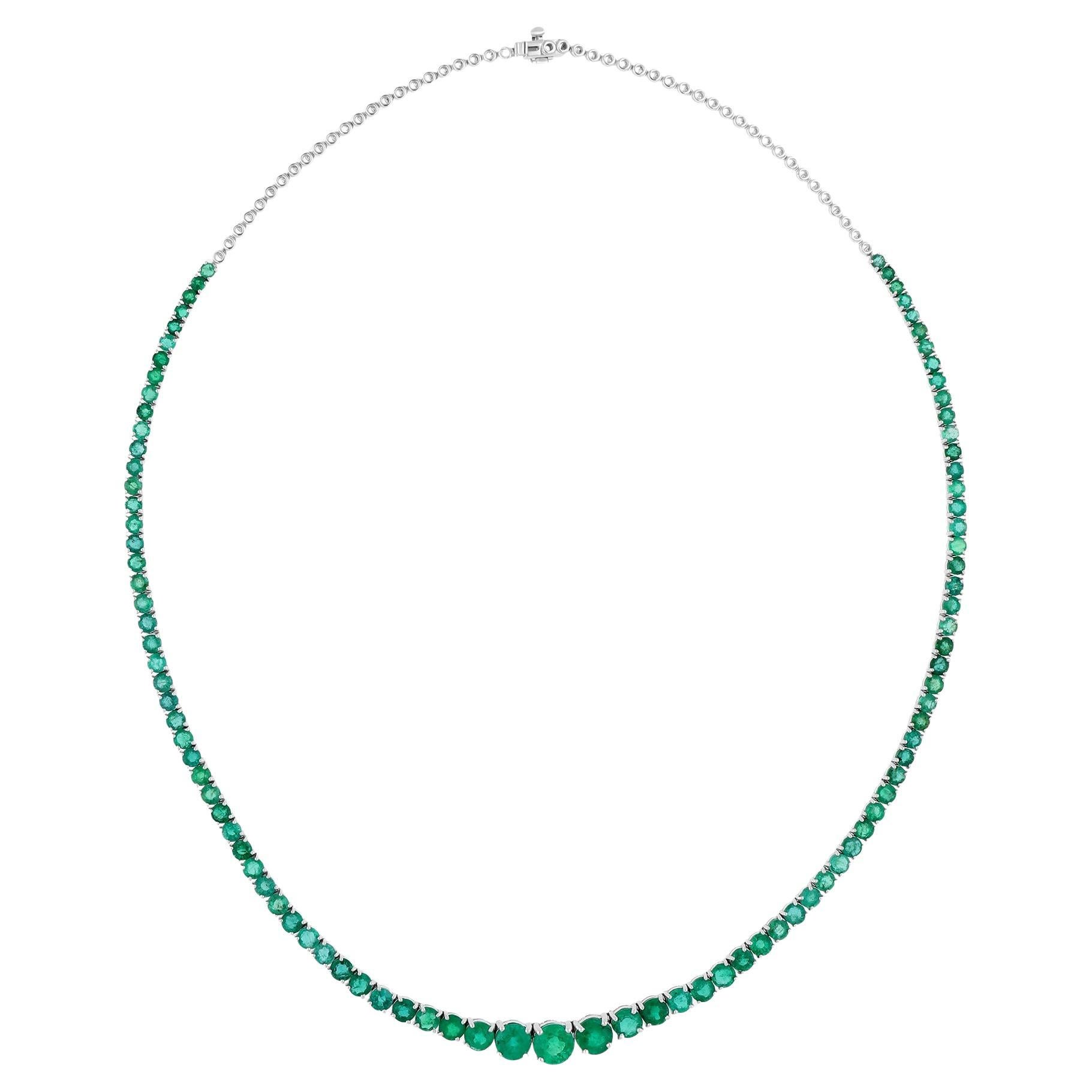 12.94Ct Graduated Zambian Emerald Gemstone Necklace 14K White Gold Fine Jewelry