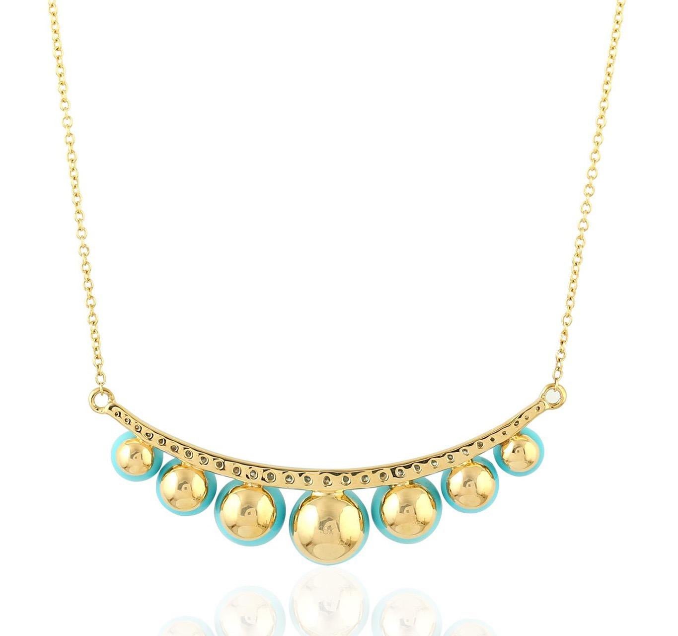 Modern 12.95 Carat Turquoise Sphere Diamond 18 Karat Gold Necklace For Sale