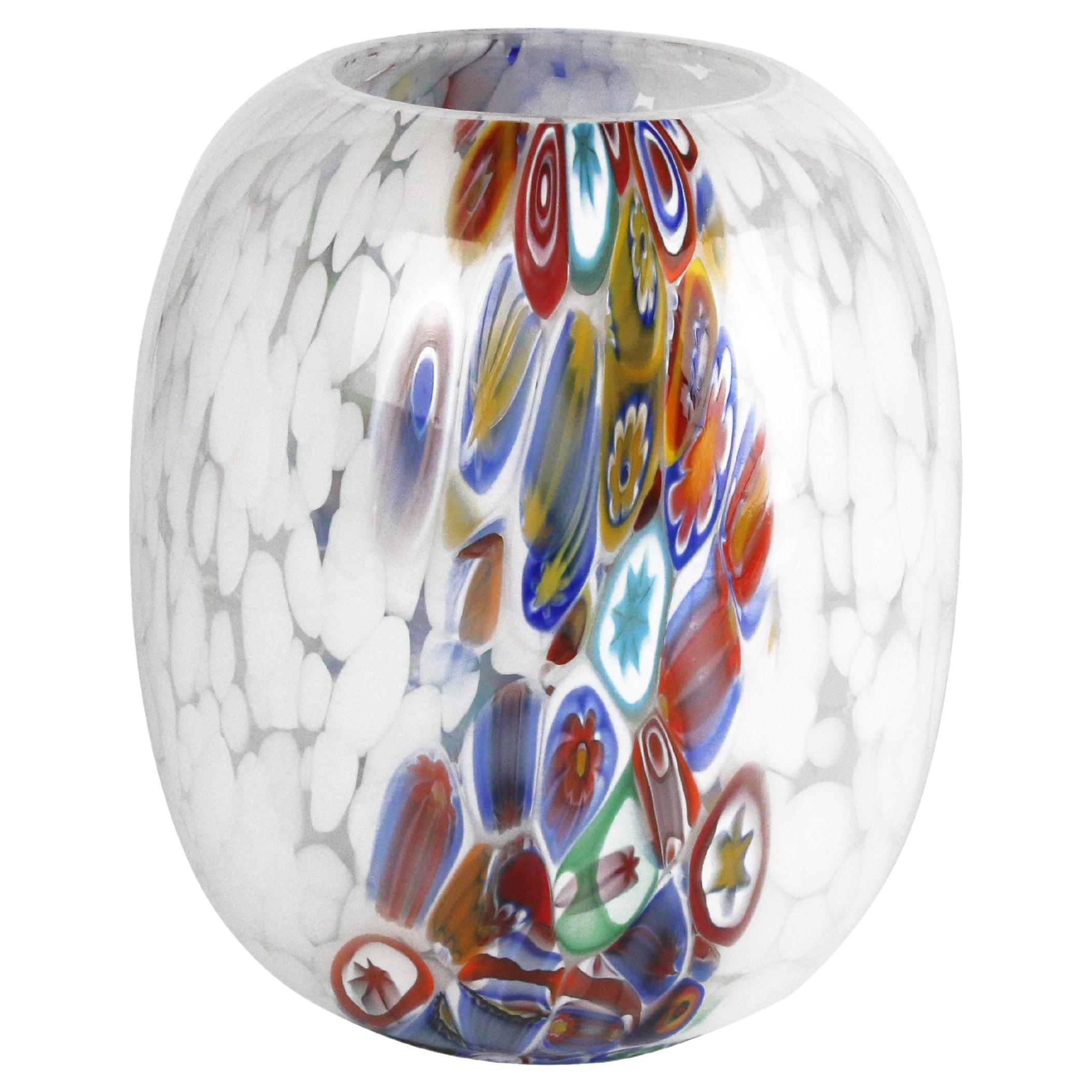 1295 Murano Art Glass Cilinder Vase Hand Made in Venice/Murano, White / Murrina For Sale